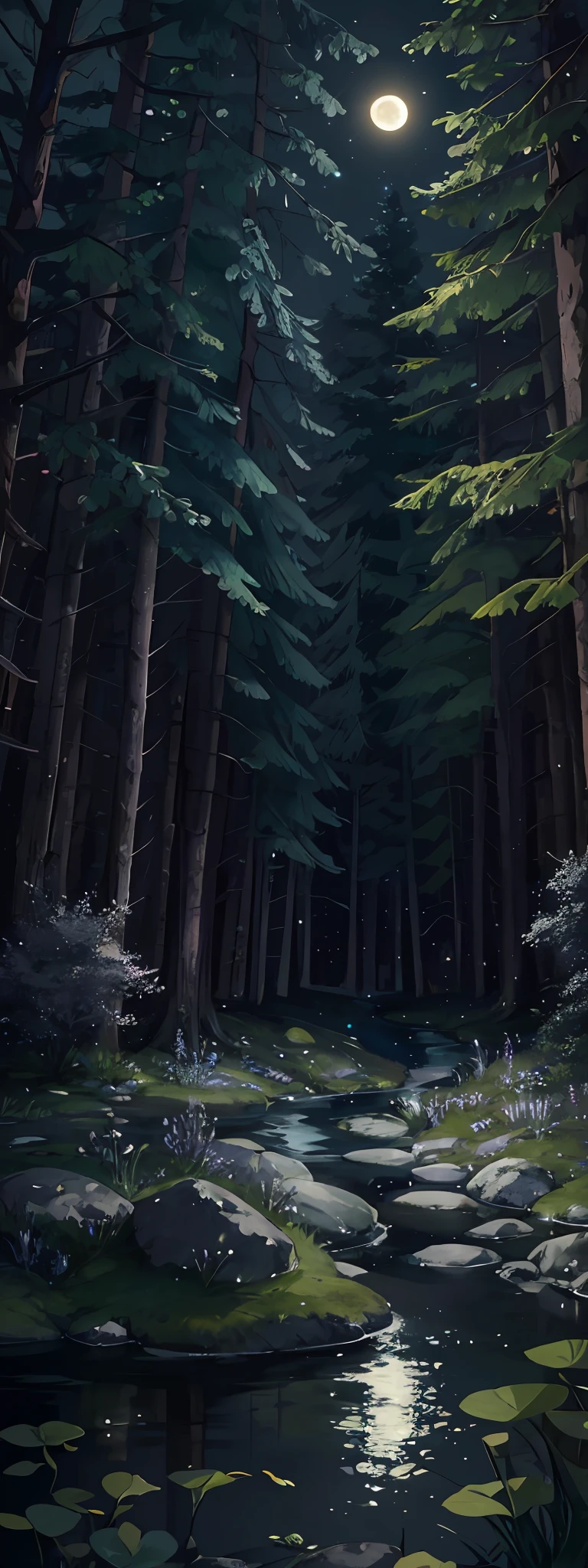 (best quality)), (no people photos), dark night, fireflies, vast night sky, moon, in the forest, frogs, quiet ponds, lots of wildflowers, streams, stones, moss, (best quality), 4k, ultra-detailed, (dynamic composition: 1.4), very detailed, colorful details, (iridescent colors: 1.2), (luminous lighting, atmospheric lighting), dreamy, magical, (solo: 1.2),