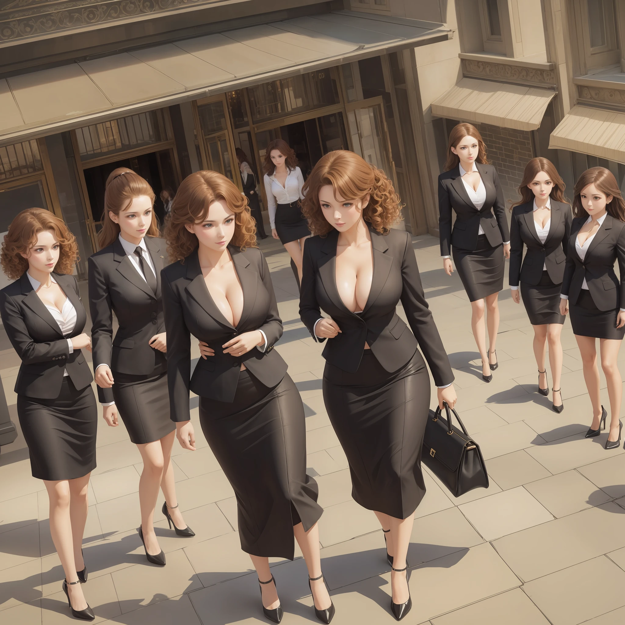 identical sisters, many sisters, thousands of sisters,crowd of sisters, business women, pale skin, brown hair, curly hair, cleavage, natural faces, natural breasts, cleavage, black pencil skirts, high heels --auto --s2