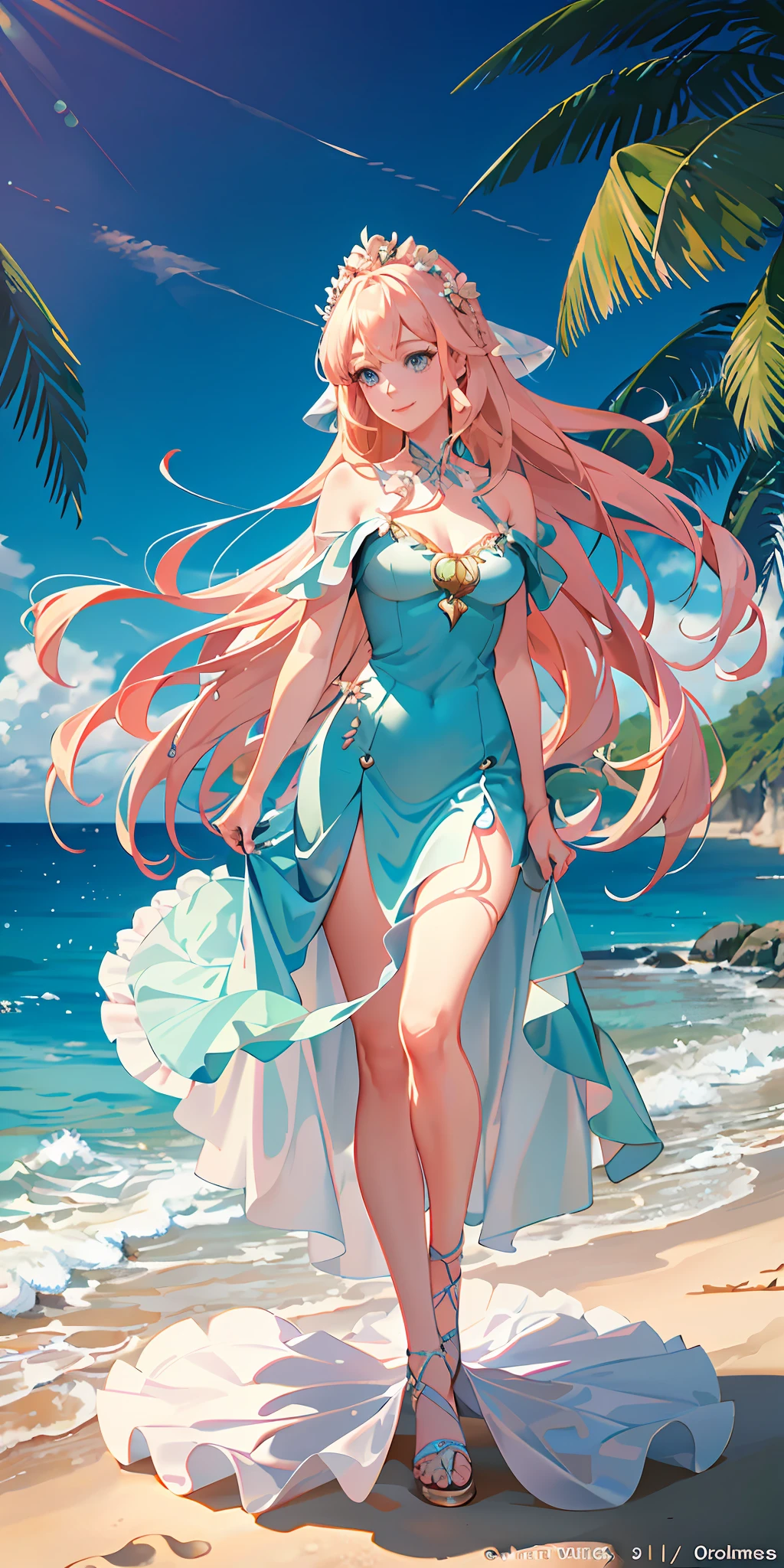 delicate and beautiful CG artwork),(best quality, ultra-detailed, high resolution),(dynamic angle, dynamic lighting),(1 character),(long pink and blonde hair), blue eyes, beautiful face), 1 girl, (long sideburns, plants, smile, long blue dress, 3 d, ocean, water, beach ball, sea shells, sunny, windy