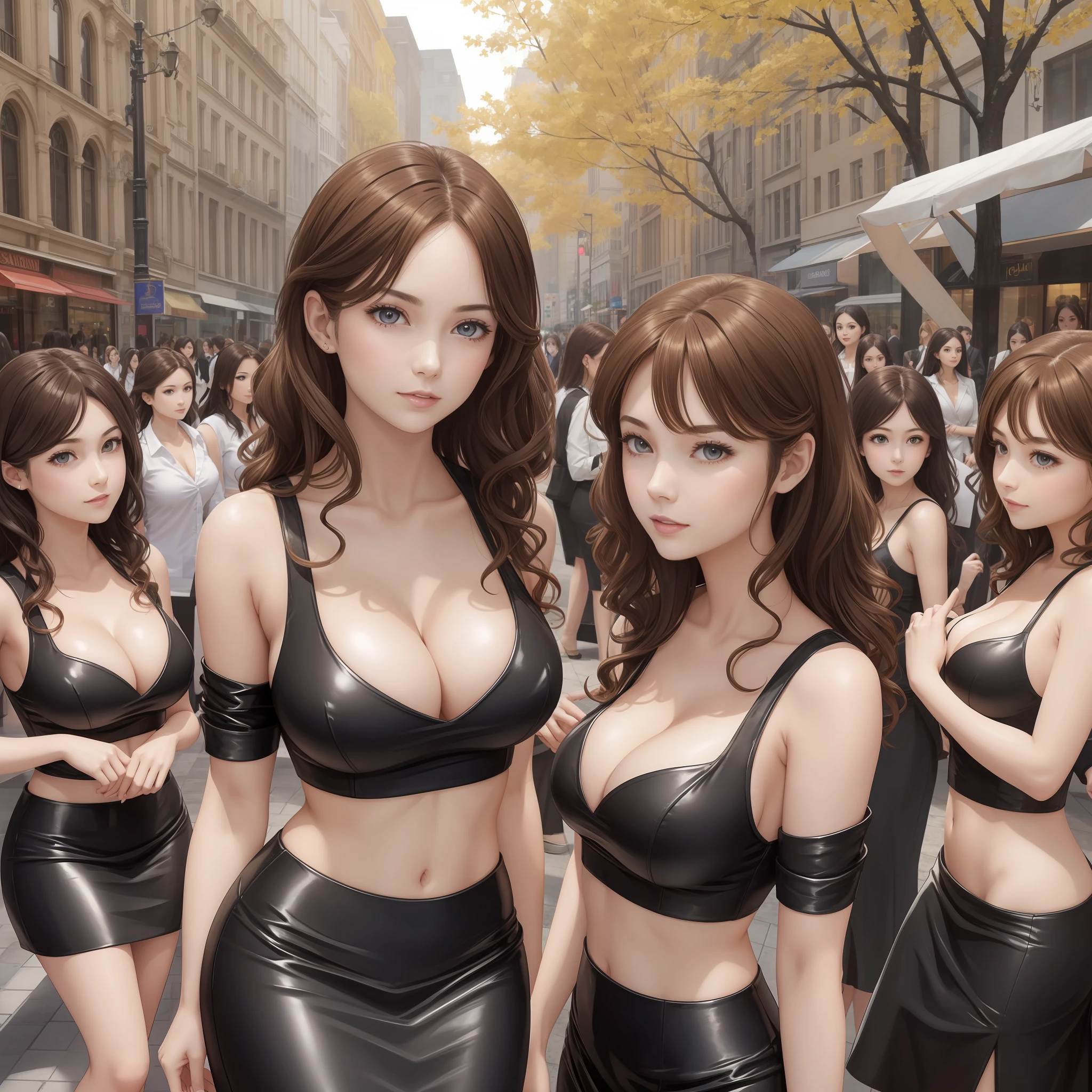 identical sisters, many sisters, thousands of sisters,crowd of sisters, business women, pale skin, brown hair, curly hair, cleavage, natural faces, natural breasts, cleavage, black pencil skirts, high heels --auto --s2