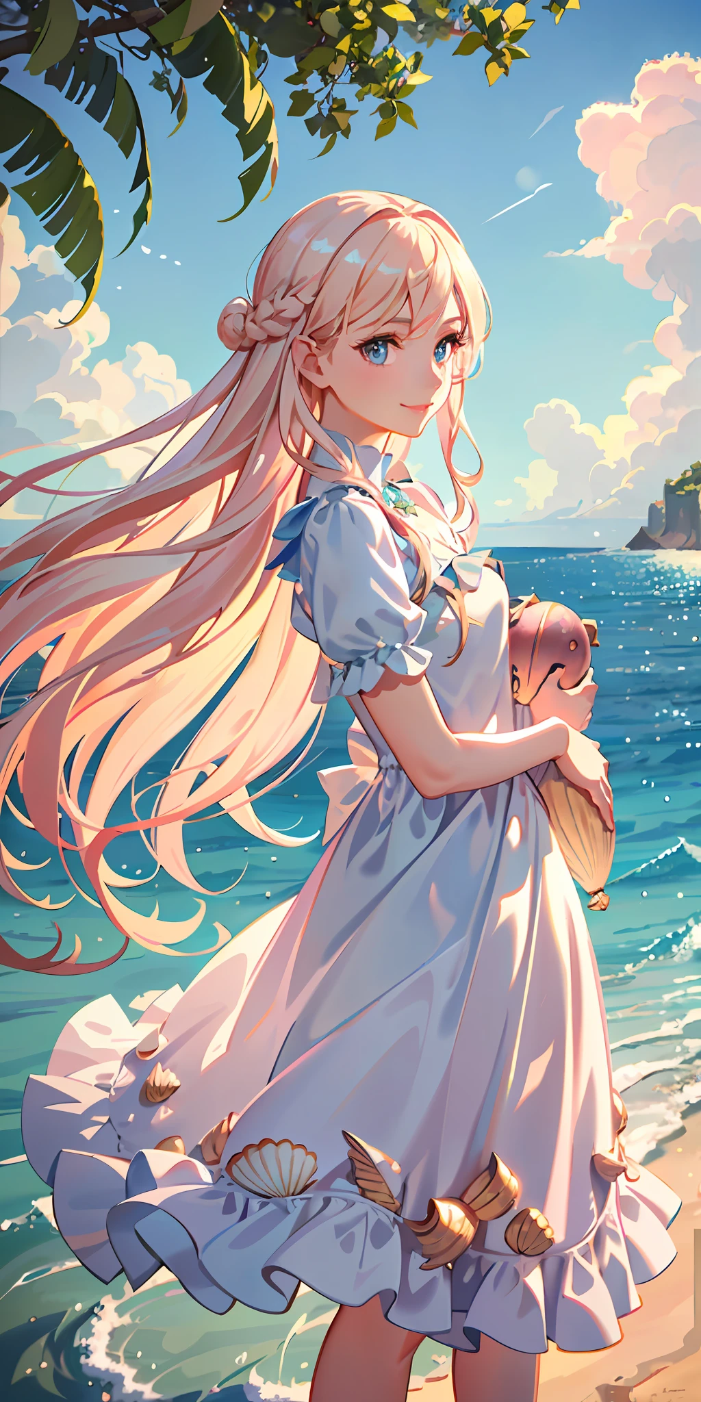 delicate and beautiful CG artwork),(best quality, ultra-detailed, high resolution),(dynamic angle, dynamic lighting),(1 character),(long pink and blonde hair), blue eyes, beautiful face), 1 girl, (long sideburns, plants, smile, long blue dress, 3 d, ocean, water, beach ball, sea shells, sunny, windy