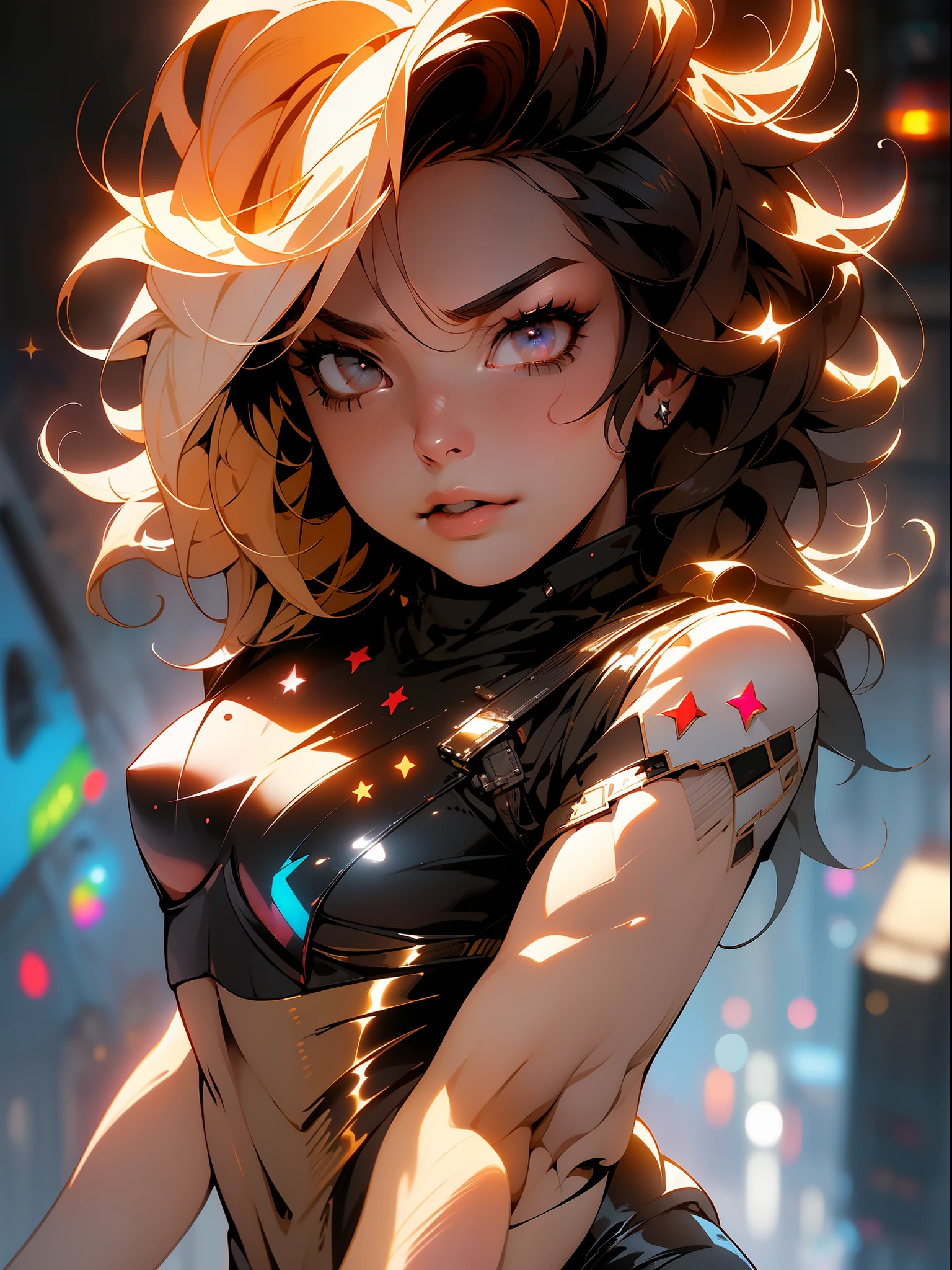 ((Best quality)), ((masterpiece)), (detailed: 1.4), (Absurd), angry Caucasian princess, (((action pose)), (((full body)))), action pose, ready for war, black kinetic skin with exposed black muscles, hot woman, sculptural body with defined muscles, closed mouth, muscular body covered by a micro bikini, whole body covered by gold stars, ((medium breasts)), (eyes with heavy makeup and very black without pupils), (((short black hair style colonel Motoko)), (stars covering the body), ((drawings of golden stars on the arms)), very long eyelashes, heavy eye makeup, lots of jewelry, by mucha, niji --V5, close to real, psychopathic, crazy face, sexy pose, background with a giant Gundam style robot head, 2 piece clothing, pastel, centered, scale to fit the dimensions, HDR (High Dynamic Range),Ray Tracing,NVIDIA RTX,Super-Resolution,Unreal 5,Subsurface Dispersion, PBR Texture, Post-processing, Anisotropic filtering, Depth of field, Maximum clarity and sharpness, Multilayer textures, Albedo and specular maps, Surface shading, Accurate simulation of light-material interaction, Perfect proportions, Octane Render, Two-tone lighting, Wide aperture, Low ISO, White balance, Rule of thirds, 8K RAW, crysisnanosuit