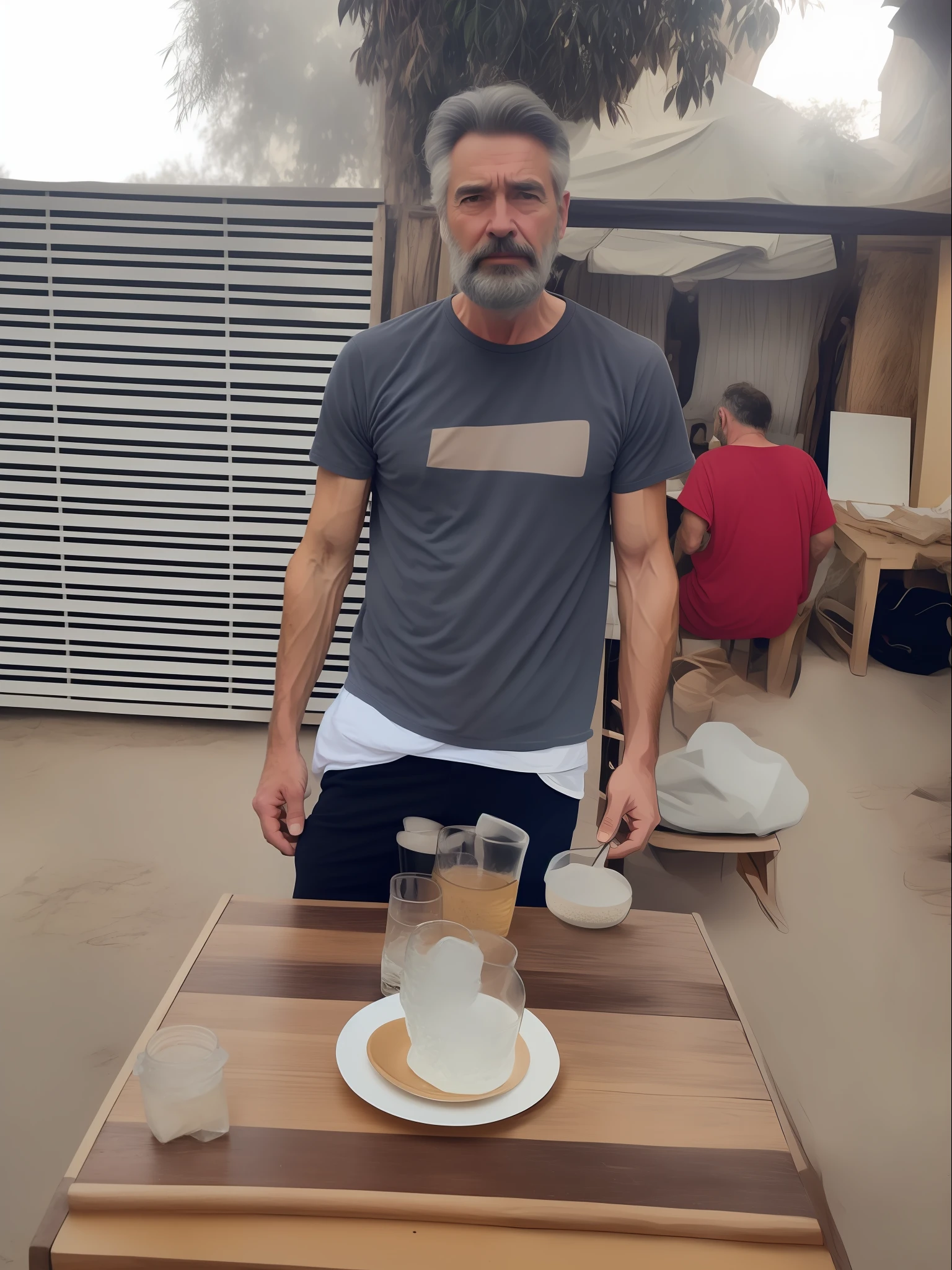 Mature male, little bearded, half-breasted, frowning,4k, high-res, masterpiece, best quality, sharp focus, (cinematic lighting), collarbone, [:(detailed face:1.2):0.2]