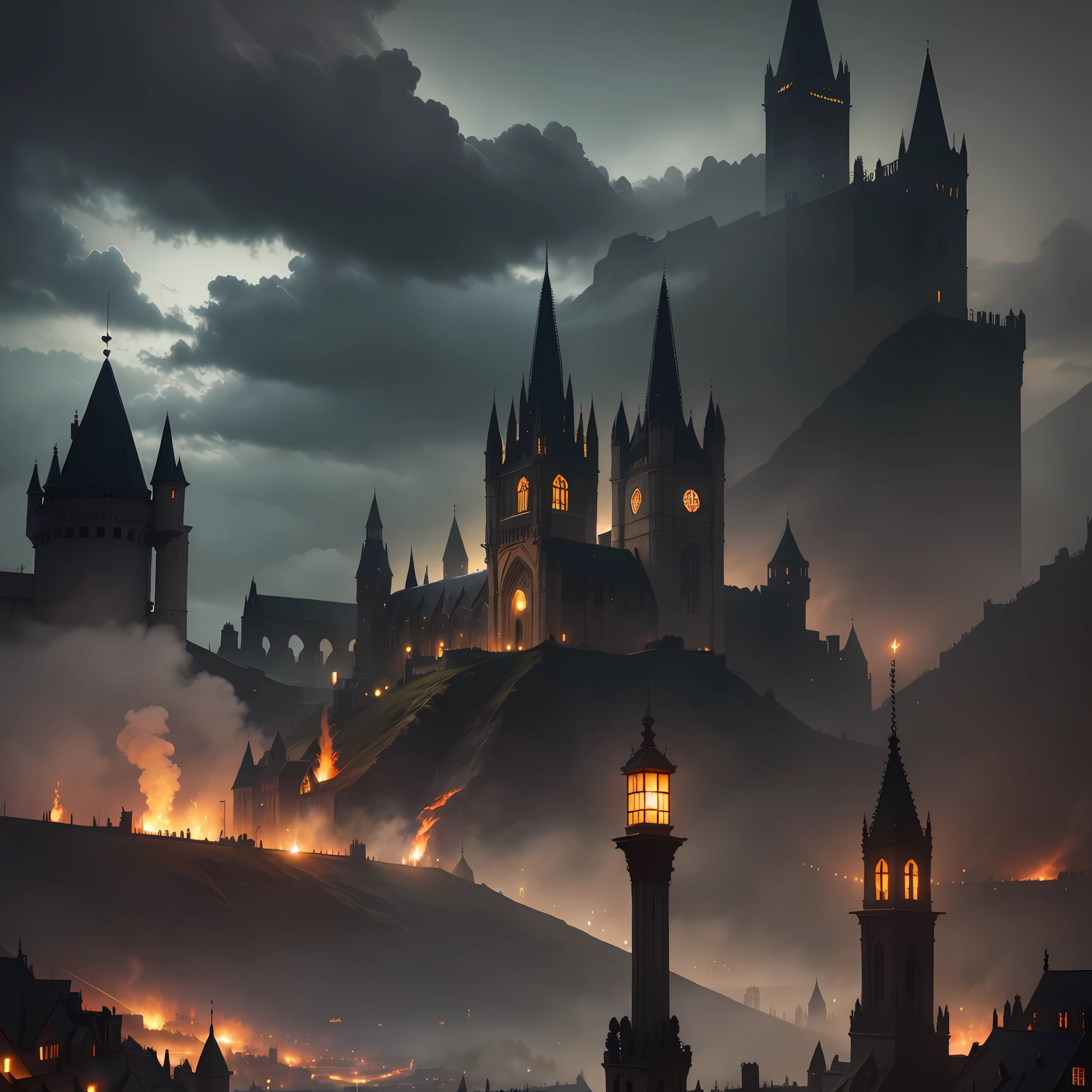 medieval city, dark, battle, epic, war, surrealism, 8k, super detail, war, battle, darkness, rain, night, fight, torches, war, conflict, medieval city, landscape, darkness clouds
