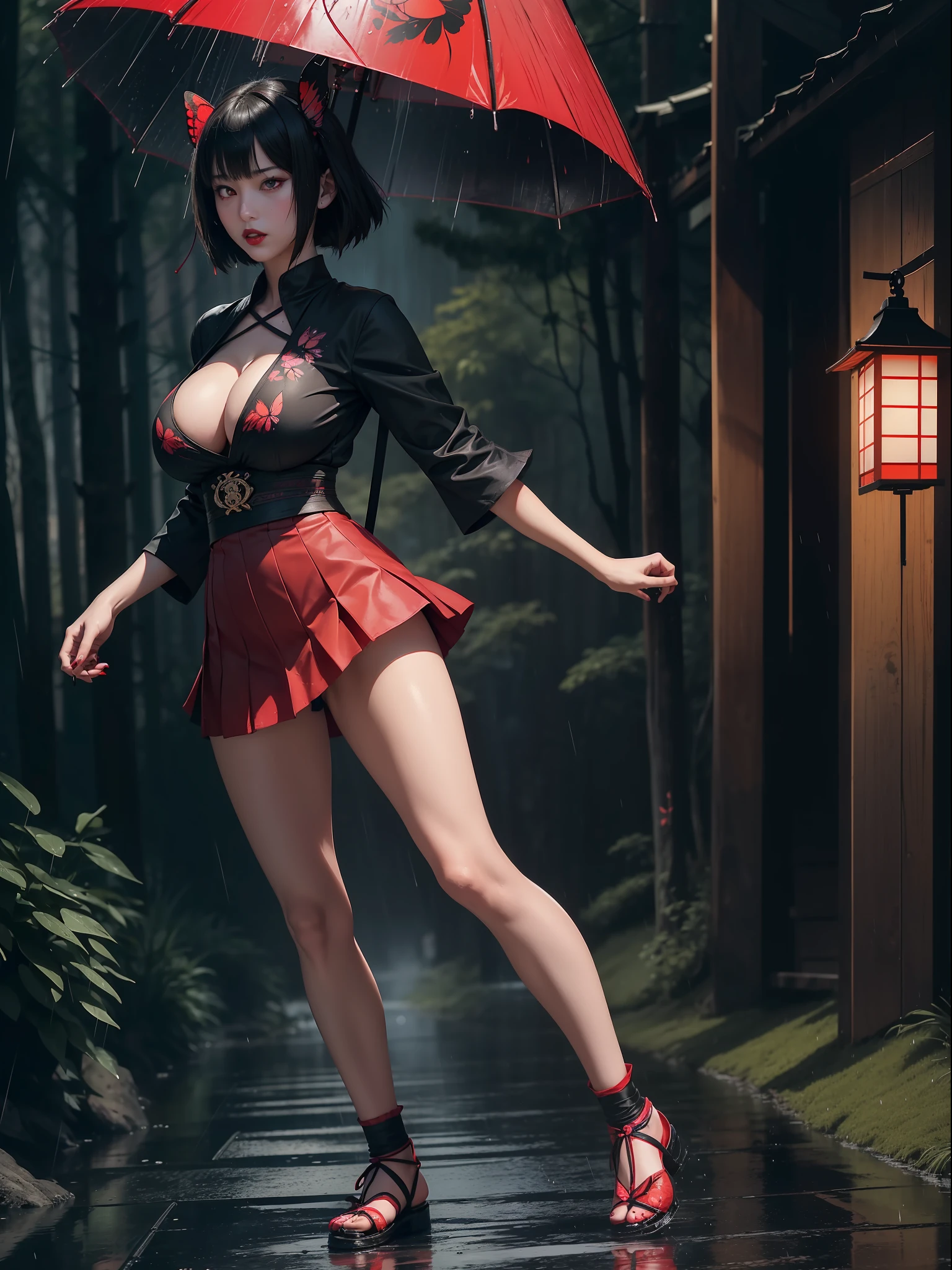 (Fatal Frame Crimson butterfly:1.5), (Full body photo:2), (One/Woman:1.5), (she is being chased by a ghost of a woman:1.5), (She is wearing a black fabric high school student outfit and a short skirt:1.5), (she has large breasts:2.1), (she has short black hair:1.5), (red eyes:1.5), (red lipstick on mouth:1.5), (she's holding an old Camera:1.5), she's in an old Japanese village at night+raining hard, (wet clothes/hair), Fatal Crimson Butterfly Frame, anime, Terror, 16k, best quality, highres, high details, UHD, masterpiece