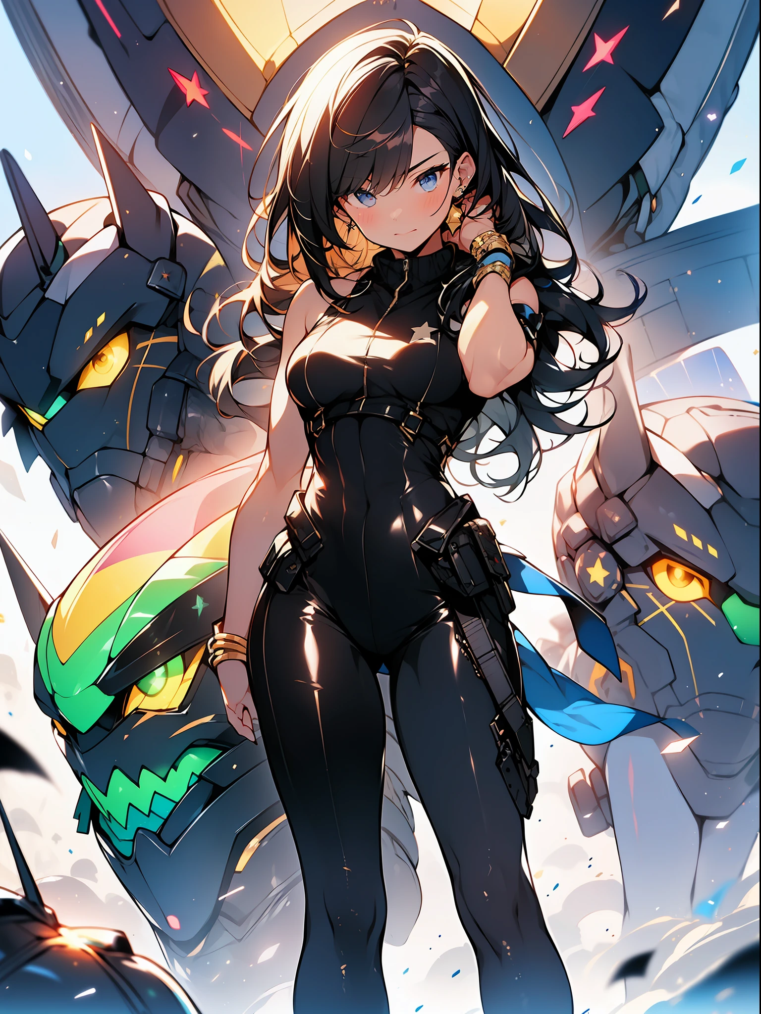 ((Best quality)), ((masterpiece)), (detailed: 1.4), (Absurd), angry Caucasian princess, (((action pose)), (((full body)))), action pose, ready for war, black kinetic skin with exposed black muscles, hot woman, sculptural body with defined muscles, closed mouth, muscular body covered by a micro bikini, whole body covered by gold stars, ((medium breasts)), (eyes with heavy makeup and very black without pupils), (((short black hair style colonel Motoko)), (stars covering the body), ((drawings of golden stars on the arms)), very long eyelashes, heavy eye makeup, lots of jewelry, by mucha, niji --V5, close to real, psychopathic, crazy face, sexy pose, background with a giant Gundam style robot head, 2 piece clothing, pastel, centered, scale to fit the dimensions, HDR (High Dynamic Range),Ray Tracing,NVIDIA RTX,Super-Resolution,Unreal 5,Subsurface Dispersion, PBR Texture, Post-processing, Anisotropic filtering, Depth of field, Maximum clarity and sharpness, Multilayer textures, Albedo and specular maps, Surface shading, Accurate simulation of light-material interaction, Perfect proportions, Octane Render, Two-tone lighting, Wide aperture, Low ISO, White balance, Rule of thirds, 8K RAW, crysisnanosuit