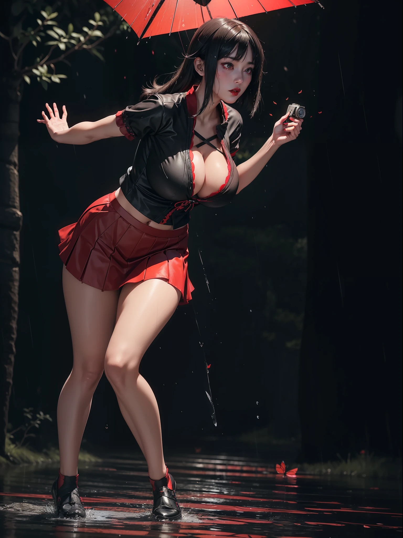 (Fatal Frame Crimson butterfly:1.5), (Full body photo:2), (One/Woman:1.5), (she is being chased by a ghost of a woman:1.5), (She is wearing a black fabric high school student outfit and a short skirt:1.5), (she has large breasts:2.1), (she has short black hair:1.5), (red eyes:1.5), (red lipstick on mouth:1.5), (she's holding an old Camera:1.5), she's in an old Japanese village at night+raining hard, (wet clothes/hair), Fatal Crimson Butterfly Frame, anime, Terror, 16k, best quality, highres, high details, UHD, masterpiece