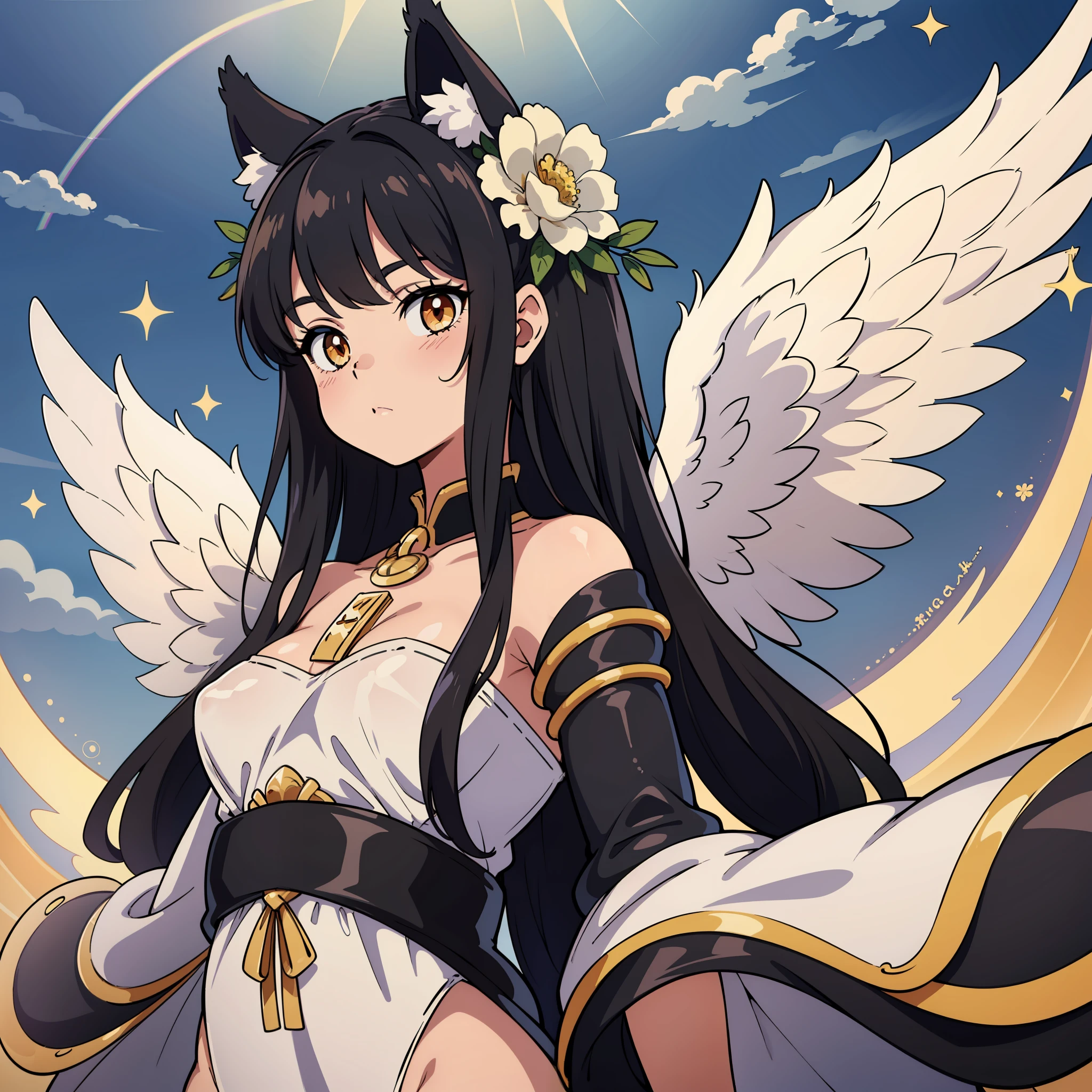 1girl with angel wings, black hair, (black long animal ears:1.2), the animal ears are golden at the tip, (best quality, masterpiece), celestial, a beautiful angel, wears beautiful and elegant white clothes with golden detailing, (wings on head:1.1), serene expression, delicate and elegant, background is a temple with ample fantastical sky with clouds and sparkles, a small rainbow coming out of a cloud.