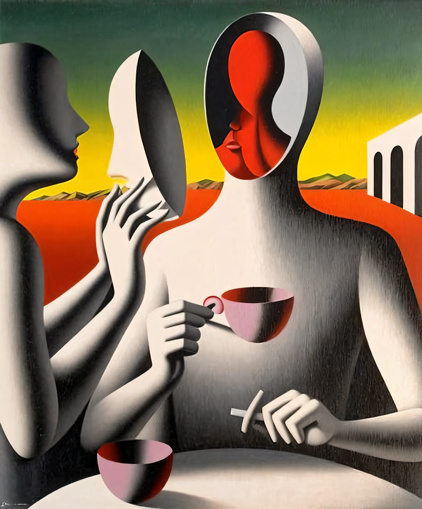 painting of a man with a red face and a woman with a red face, mark kostabi, georgy kurasov, surrealist art, abstract surrealist, by Arnold Mesches, surrealist art style, surrealist painting, surrealist artwork, abstract surrealism masterpiece, rene magritte. detailed, abstract surrealism, surreal scene, style of surrealism