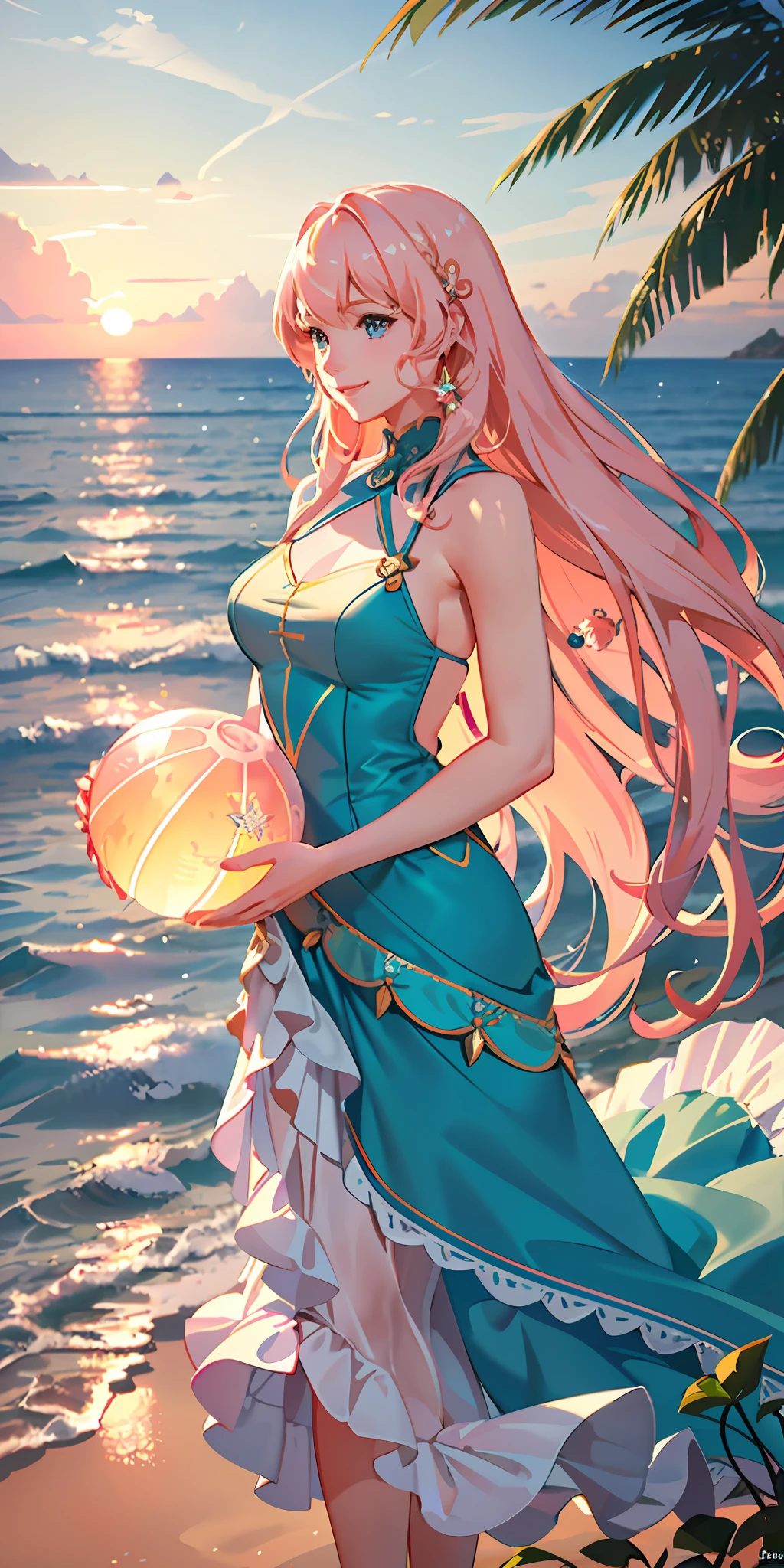 delicate and beautiful CG artwork),(best quality, ultra-detailed, high resolution),(dynamic angle, dynamic lighting),(1 character),(long wavy pink and blonde hair), blue eyes, beautiful face), 1 girl, (long sideburns, plants, smile, long blue dress, 3 d, ocean, water, beach ball, sea shells, sunny, windy, sunset