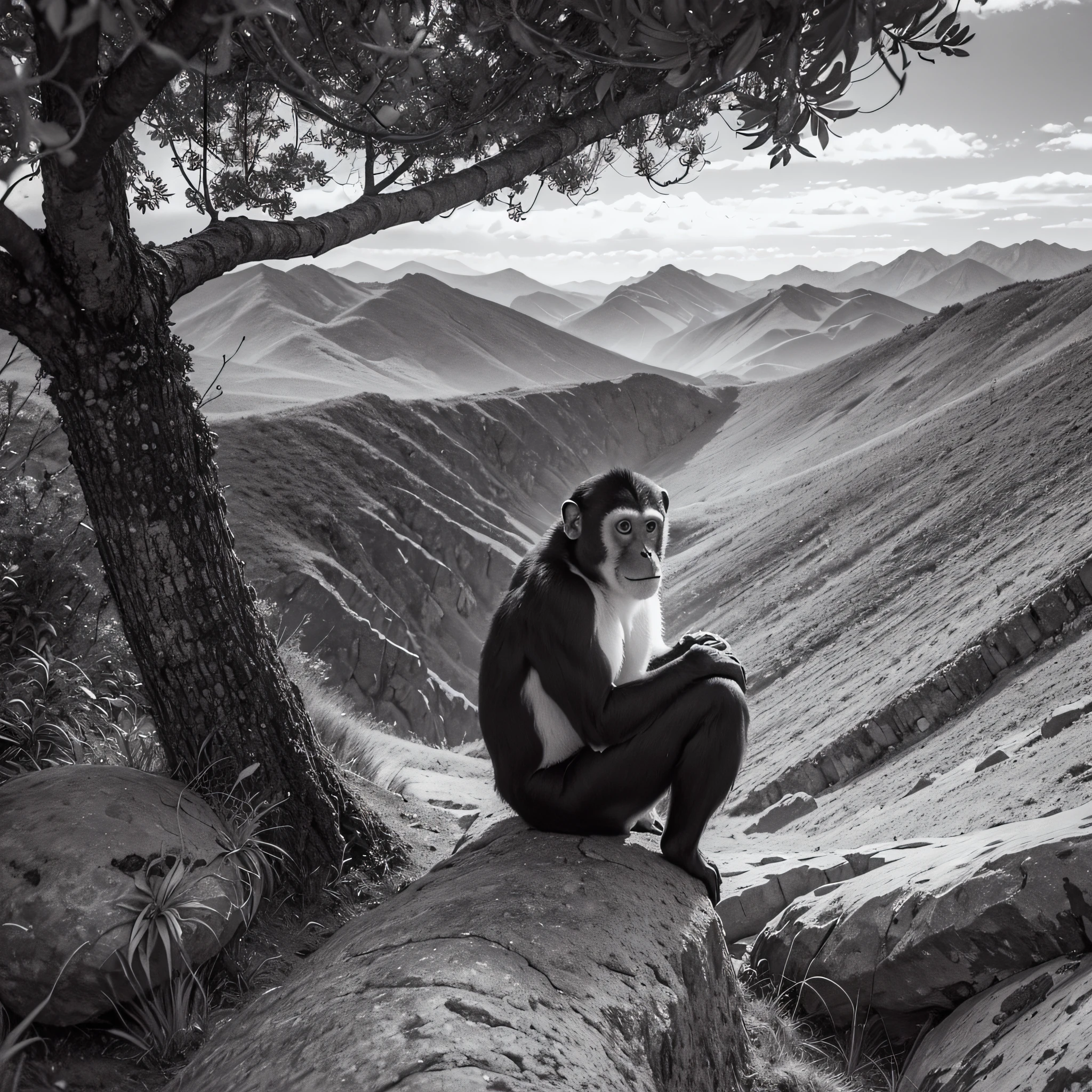 a black-and-white photograph of monkey taken with a 50mm lens by Ansel Adams; the monkey is on a solitary branch, looking out at the horizon, with a landscape of majestic mountains in the background; The atmosphere is serene and introspective --V 5 --Stylize 1000 --auto --s2