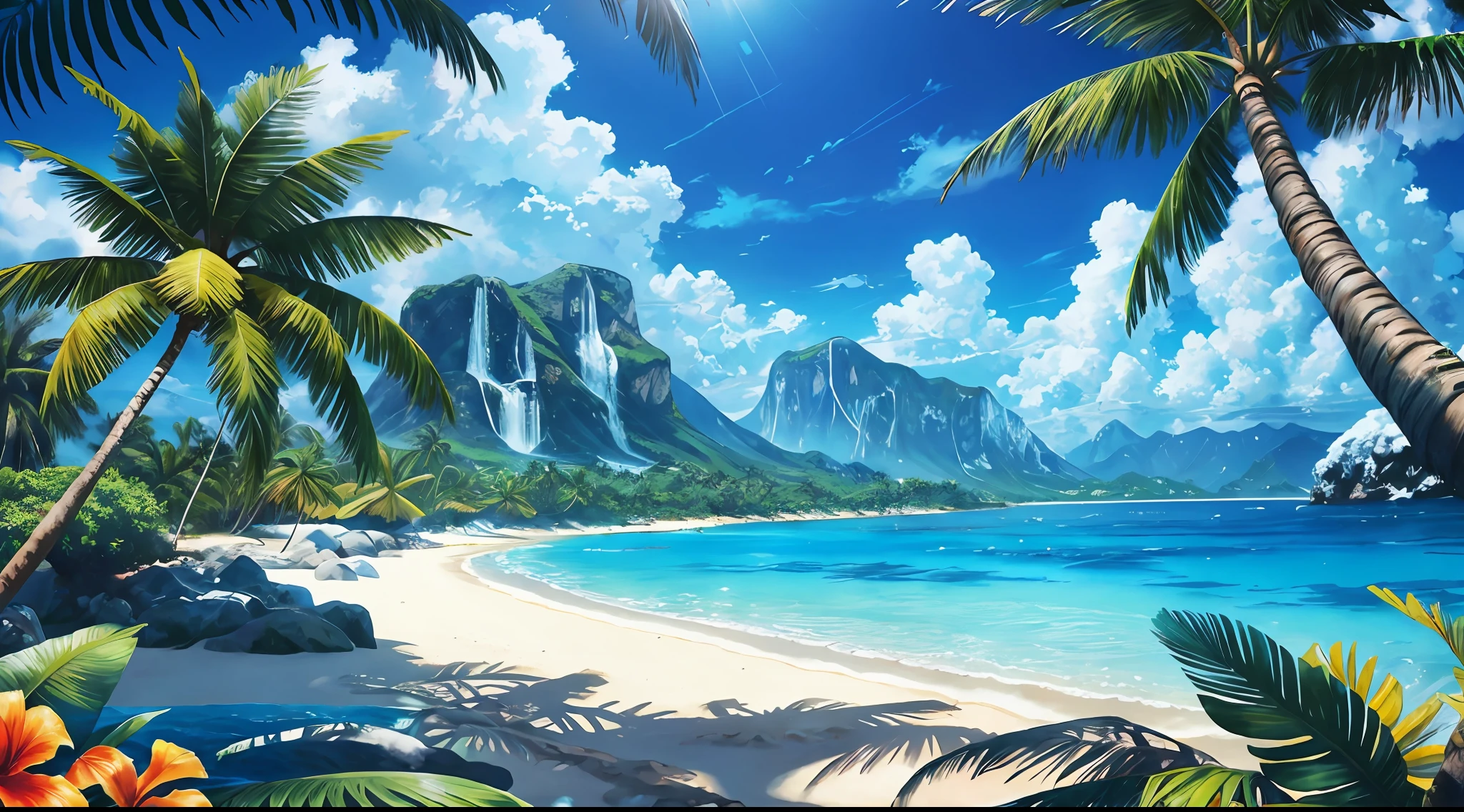 Summer, clear beach, tropical paradise, waterfalls, vibrant flora, big clouds, palm trees, blue sky, warm weather, HD detail, hyper-detail, cinematic, surrealism, soft light, deep field bokeh focus, distant snowy mountains, ray tracing and surrealism. --v6