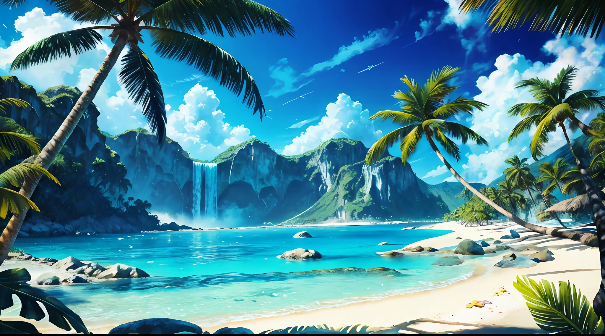 Summer, clear beach, tropical paradise, waterfalls, vibrant flora, big clouds, palm trees, blue sky, warm weather, HD detail, hyper-detail, cinematic, surrealism, soft light, deep field bokeh focus, distant snowy mountains, ray tracing and surrealism. --v6