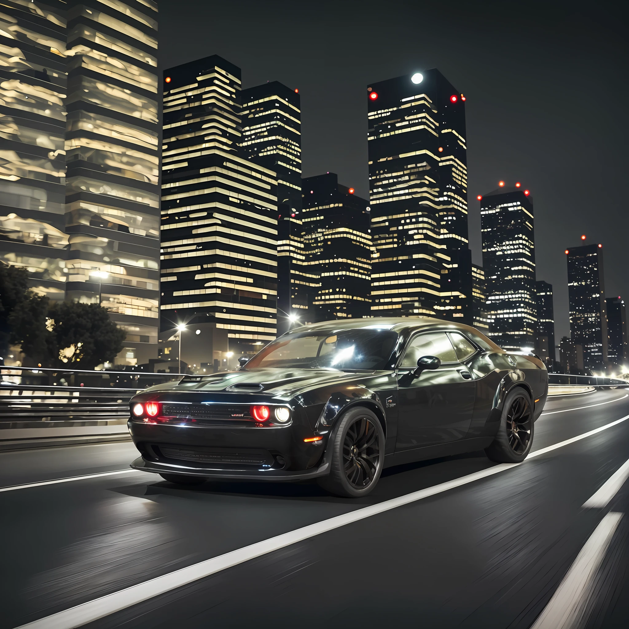dark night (photo from bottom:1.05) of one black new dodge challenger hellcat with white rims and riding at high speed on dark highway with little bushes around and modern city with skyscrapes, star sky, (high speed motion blur:1.05) + styles from xpuct boosty channel