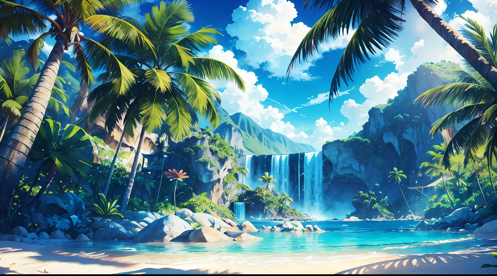 Summer, clear beach, tropical paradise, waterfalls, vibrant flora, big clouds, palm trees, blue sky, warm weather, HD detail, hyper-detail, cinematic, surrealism, soft light, deep field bokeh focus, distant snowy mountains, ray tracing and surrealism. --v6