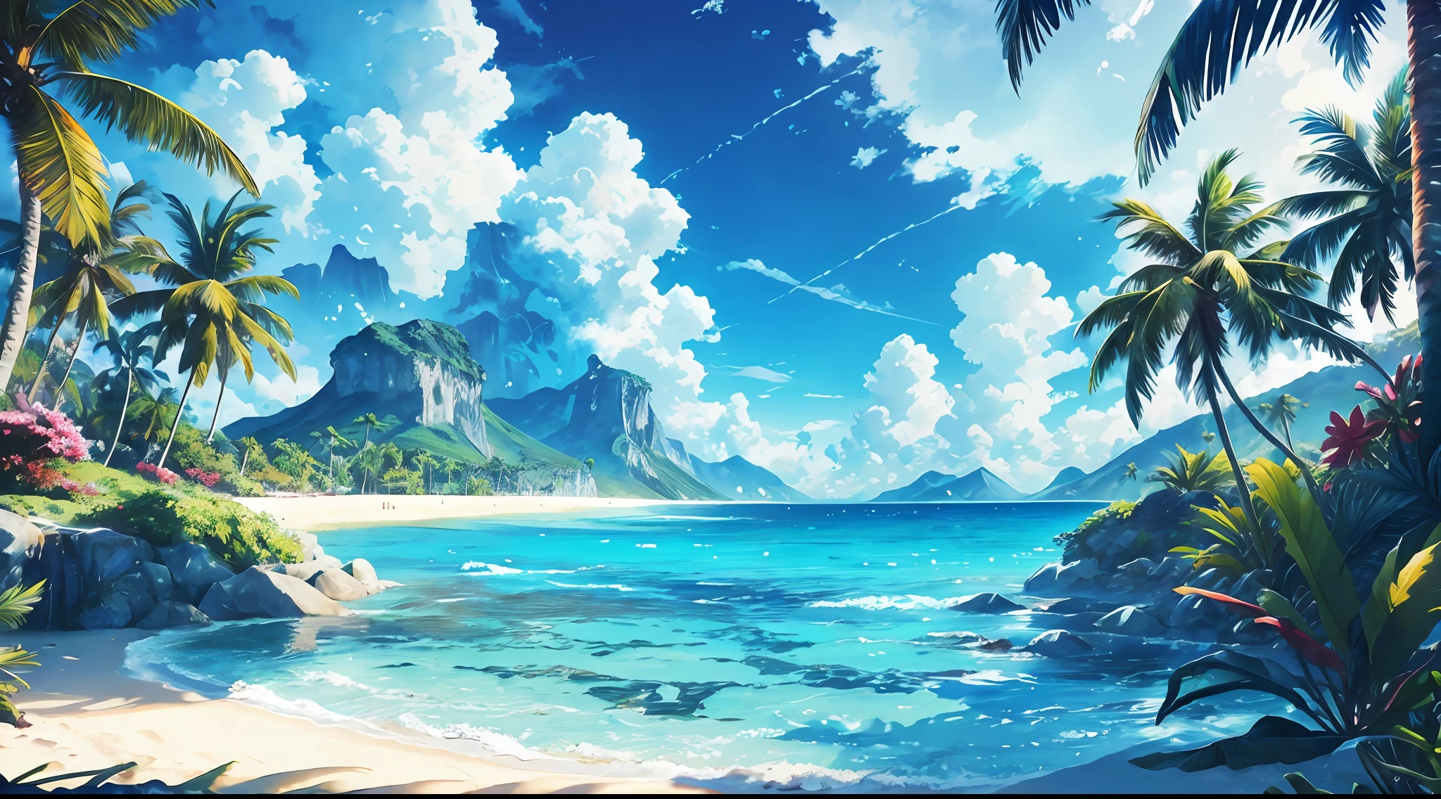 Summer, clear beach, tropical paradise, waterfalls, vibrant flora, big clouds, palm trees, blue sky, warm weather, HD detail, hyper-detail, cinematic, surrealism, soft light, deep field bokeh focus, distant snowy mountains, ray tracing and surrealism. --v6