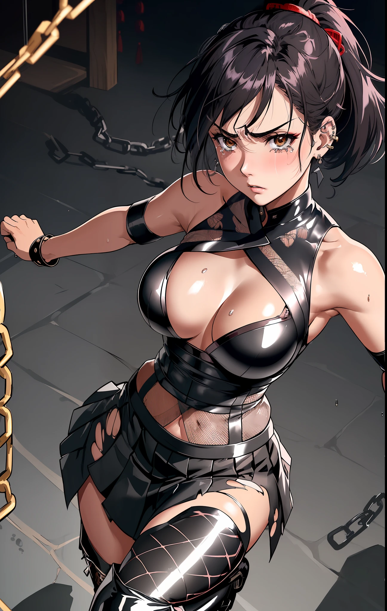 (((dramatic))), (((rough)),Anime character,1 girl,Solo,Black hair ponytail, Beautiful troubled face, Beautiful dark brown eyes, Vivid colors, Night, Top quality digital art, stunning art, Wallpapers 4k,8k,64k, HD, Incomparable masterpiece, Dynamic lighting, cinematic, epic, sexy, big, shiny big, big breasts that are about to spill out, (((torn shiny mesh pattern ninja clothes, ninjas, Japanese-style pattern tight long boots, skirt))), large cleavage, copious sweat on the body, blush, chest hollows, tied behind with ropes, legs open, legs open, chained, large, hands chained, shackled, slave collars, chains around the neck, in a dark basement, cobblestones with an eerie cold atmosphere, open legs, M-shaped open legs, tied behind the hands with ropes, silver chains, open legs, legs spread, hung by chains, pulled up by chains, Restraints, slaves, contempt, tears, shackles, shackles, mature adults, charm, submission, shiny skin, exhausted, piercings that do not interfere with small battles, chests that seem to stick out of clothes, chests that are full of tears,