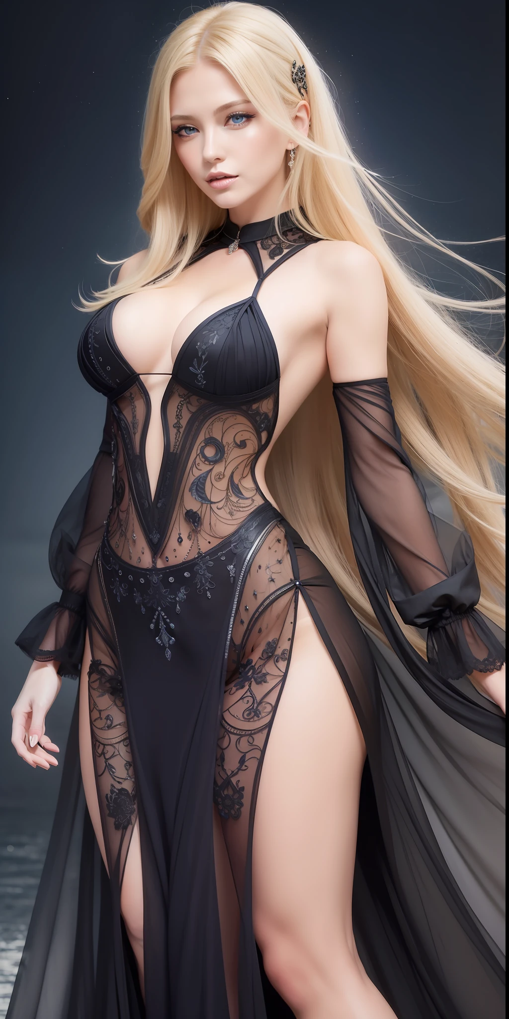 Blonde woman, blue eyes with long hair in the wind, elegant black evening dress, with backed contours, intricate details, whatercolor, splash, discreet, digital paint
