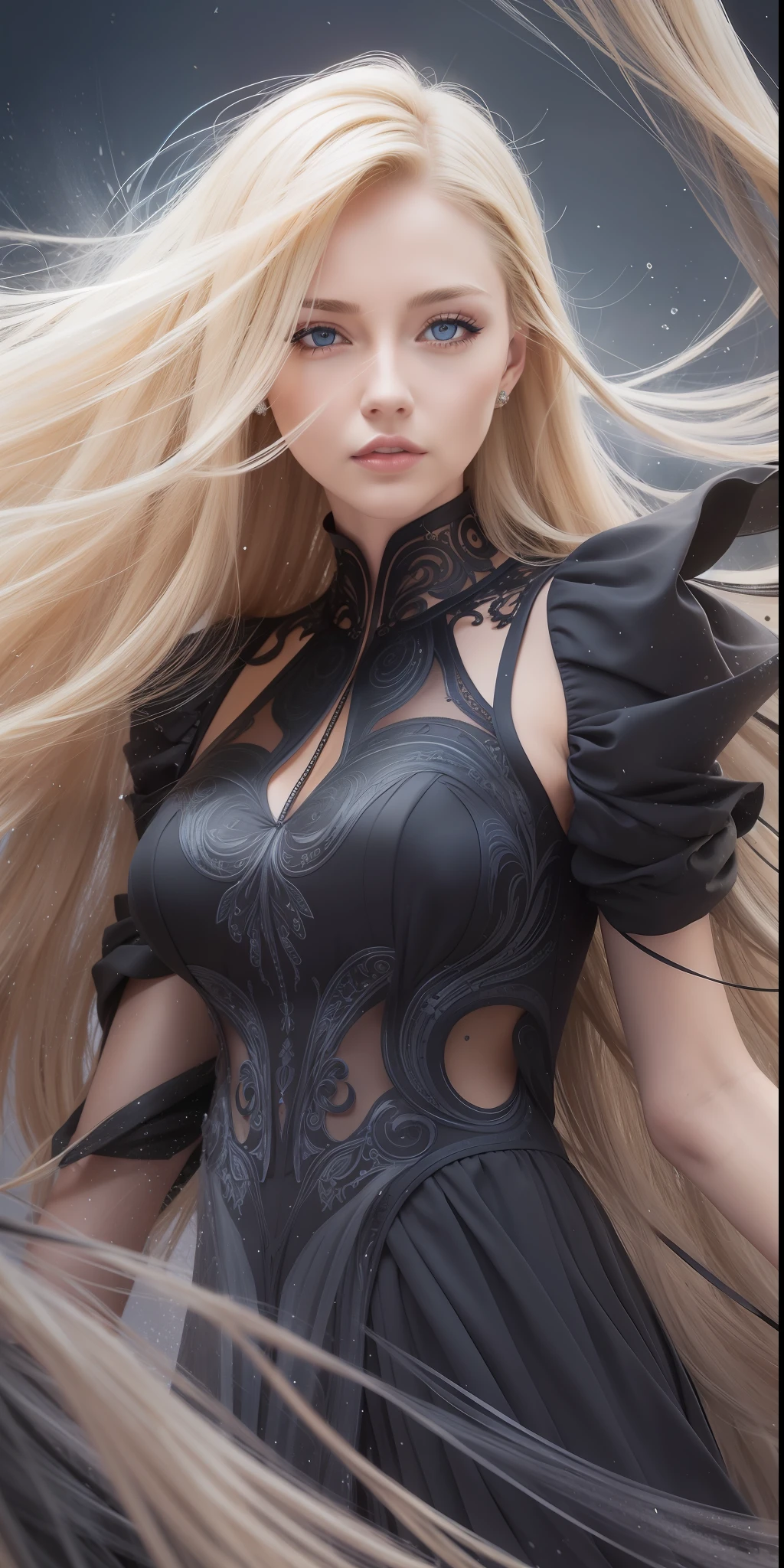 Blonde woman, blue eyes with long hair in the wind, elegant black evening dress, with backed contours, intricate details, whatercolor, splash, discreet, digital paint