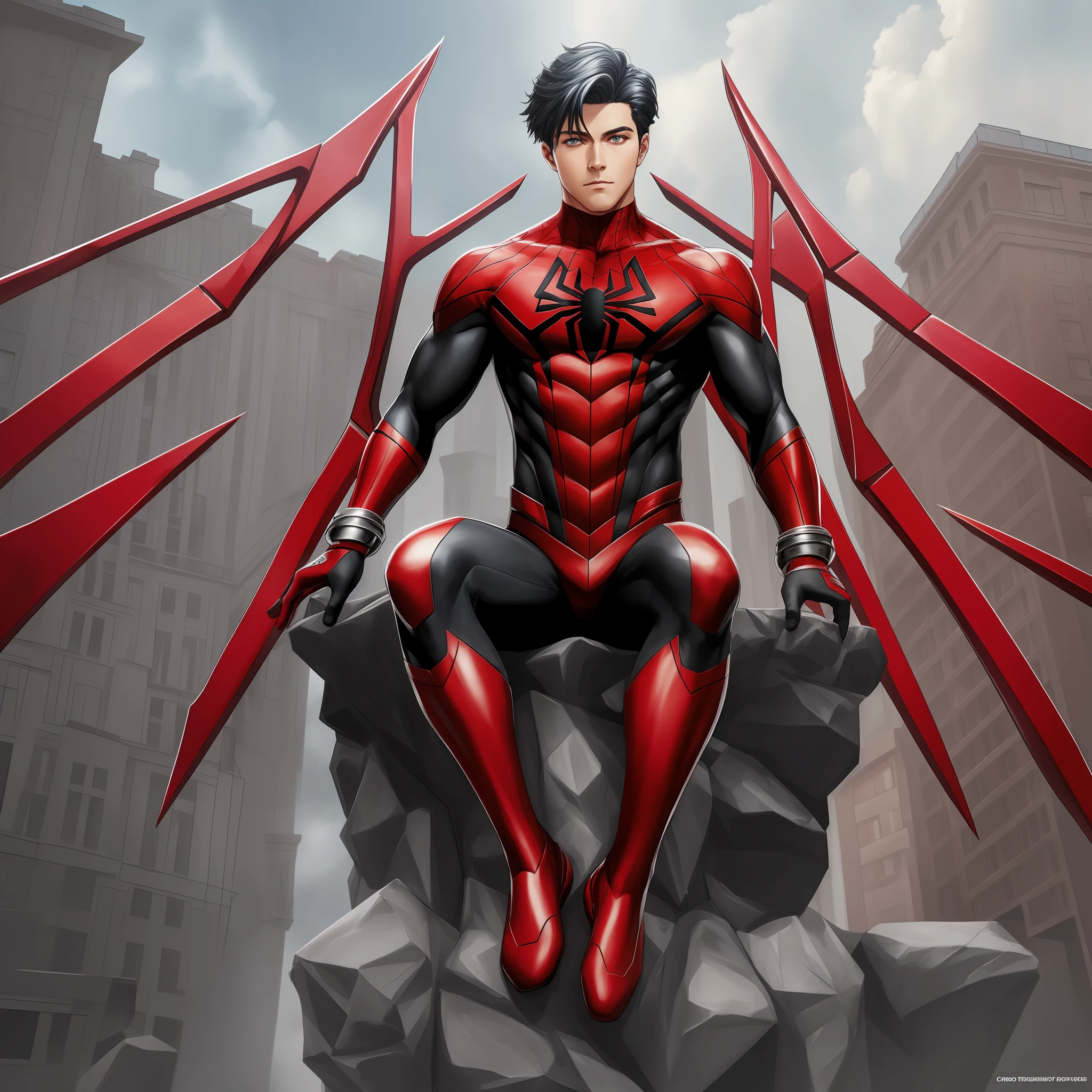 (((full body of male supspr))), (((four red metal legs))), (((silver bracelets))), (((sharp fingers))), a spider - man in a red and black suit sitting on the edge of the building, 8k, unreal engine, octane render, by seunghee lee, Jang Tae-Hwan, Chocofing R, seungho lee, trending on pixiv, fanbox, skeb, masterpiece, smooth soft skin, big dreamy eyes, beautiful intricate colored hair, symmetrical, anime wide eyes, soft lighting, concept art, digital painting,