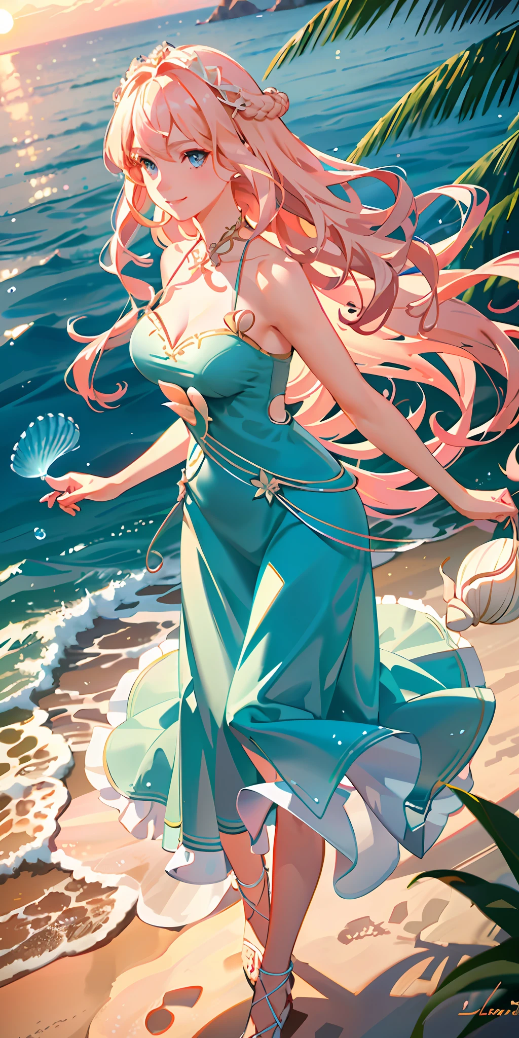 delicate and beautiful CG artwork),(best quality, ultra-detailed, high resolution),(dynamic angle, dynamic lighting),(1 character),(long wavy pink and blonde hair), blue eyes, beautiful face), 1 girl, (long sideburns, plants, smile, long blue dress, 3 d, ocean, water, beach ball, sea shells, sunny, windy, sunset, jellyfish