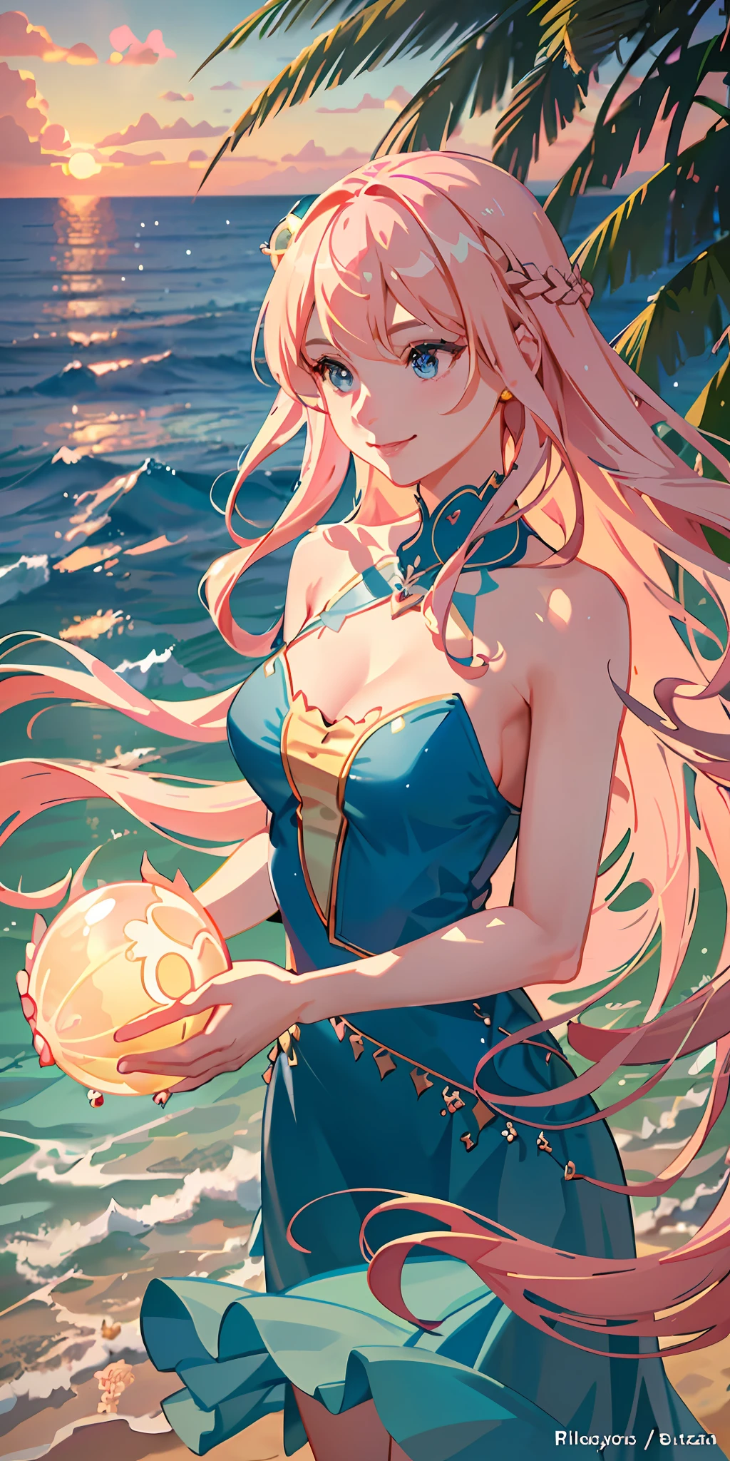 delicate and beautiful CG artwork),(best quality, ultra-detailed, high resolution),(dynamic angle, dynamic lighting),(1 character),(long wavy pink and blonde hair), blue eyes, beautiful face), 1 girl, (long sideburns, plants, smile, long blue dress, 3 d, ocean, water, beach ball, sea shells, sunny, windy, sunset, jellyfish
