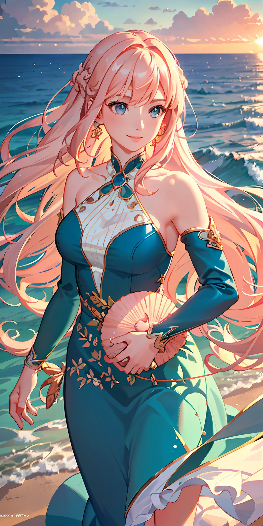 delicate and beautiful CG artwork),(best quality, ultra-detailed, high resolution),(dynamic angle, dynamic lighting),(1 character),(long wavy pink and blonde hair), blue eyes, beautiful face), 1 girl, (long sideburns, plants, smile, long blue dress, 3 d, ocean, water, beach ball, sea shells, sunny, windy, sunset
