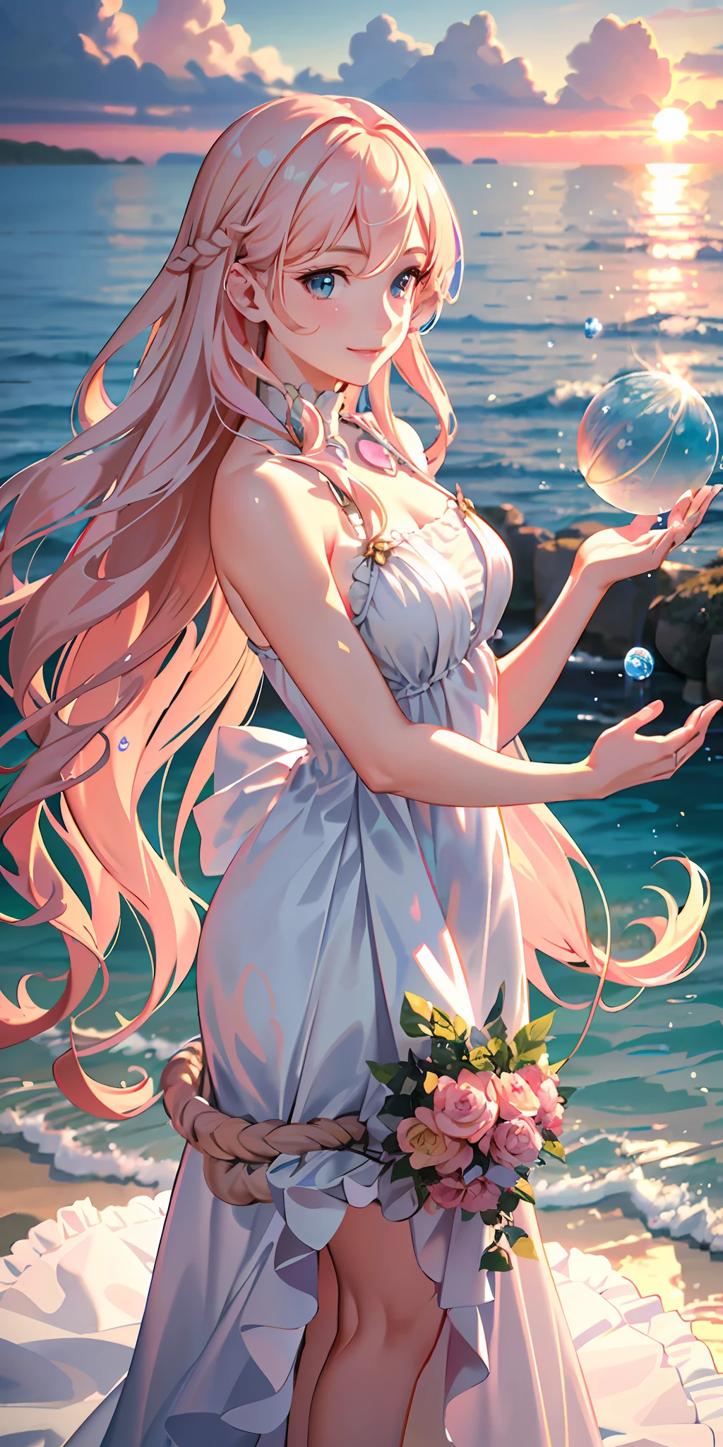 delicate and beautiful CG artwork),(best quality, ultra-detailed, high resolution),(dynamic angle, dynamic lighting),(1 character),(long wavy pink and blonde hair), blue eyes, beautiful face), 1 girl, (long sideburns, plants, smile, long blue dress, 3 d, ocean, water, beach ball, sea shells, sunny, windy, sunset