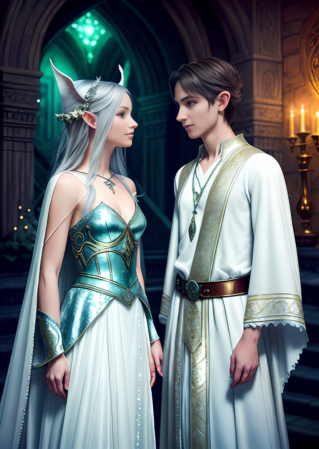 An elf girl sat on the steps, and a middle-aged man leaned into her arms