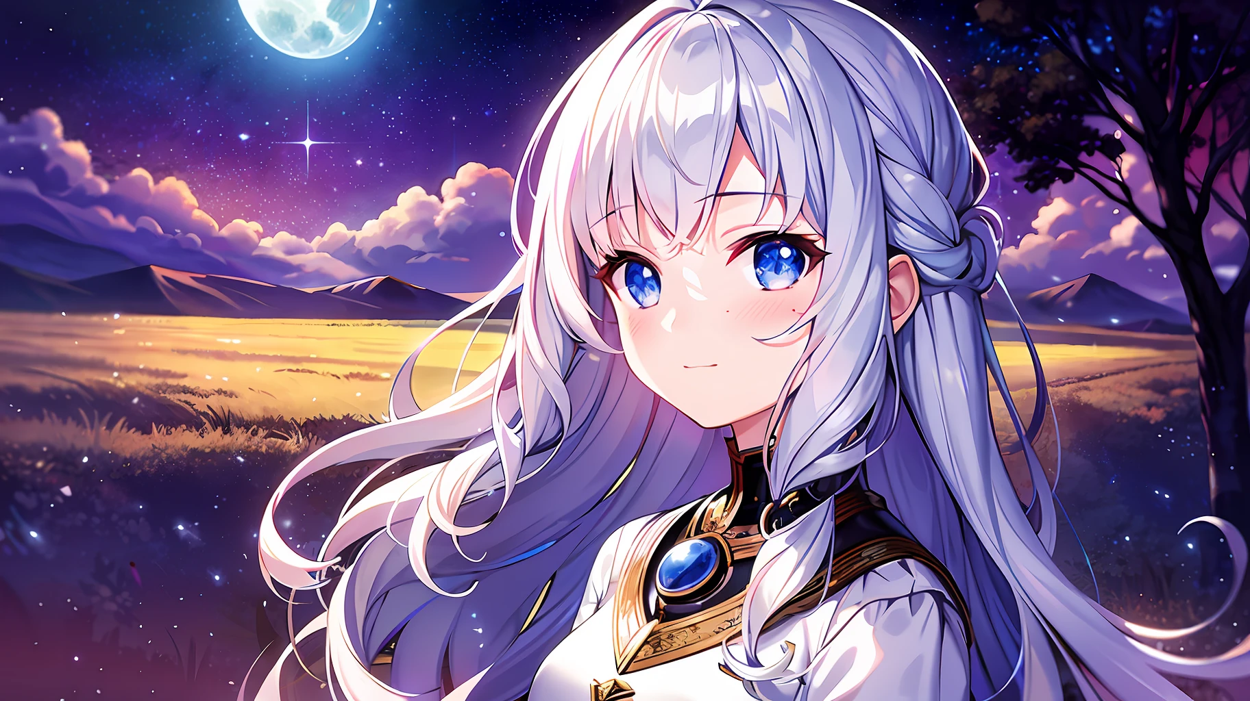 masterpiece,(best quality), 1 girl, young, dreamy, innocent, (), curly hair, starry eyes, pale skin, light freckles, slight smile, looking up, night sky, moon, stars, galaxy, misty clouds, detailed background, depth of field, ethereal, fantasy, (romantic atmosphere:1.2), shimmering aurora, telescope, grass field, tree silhouette, peaceful, contemplative,