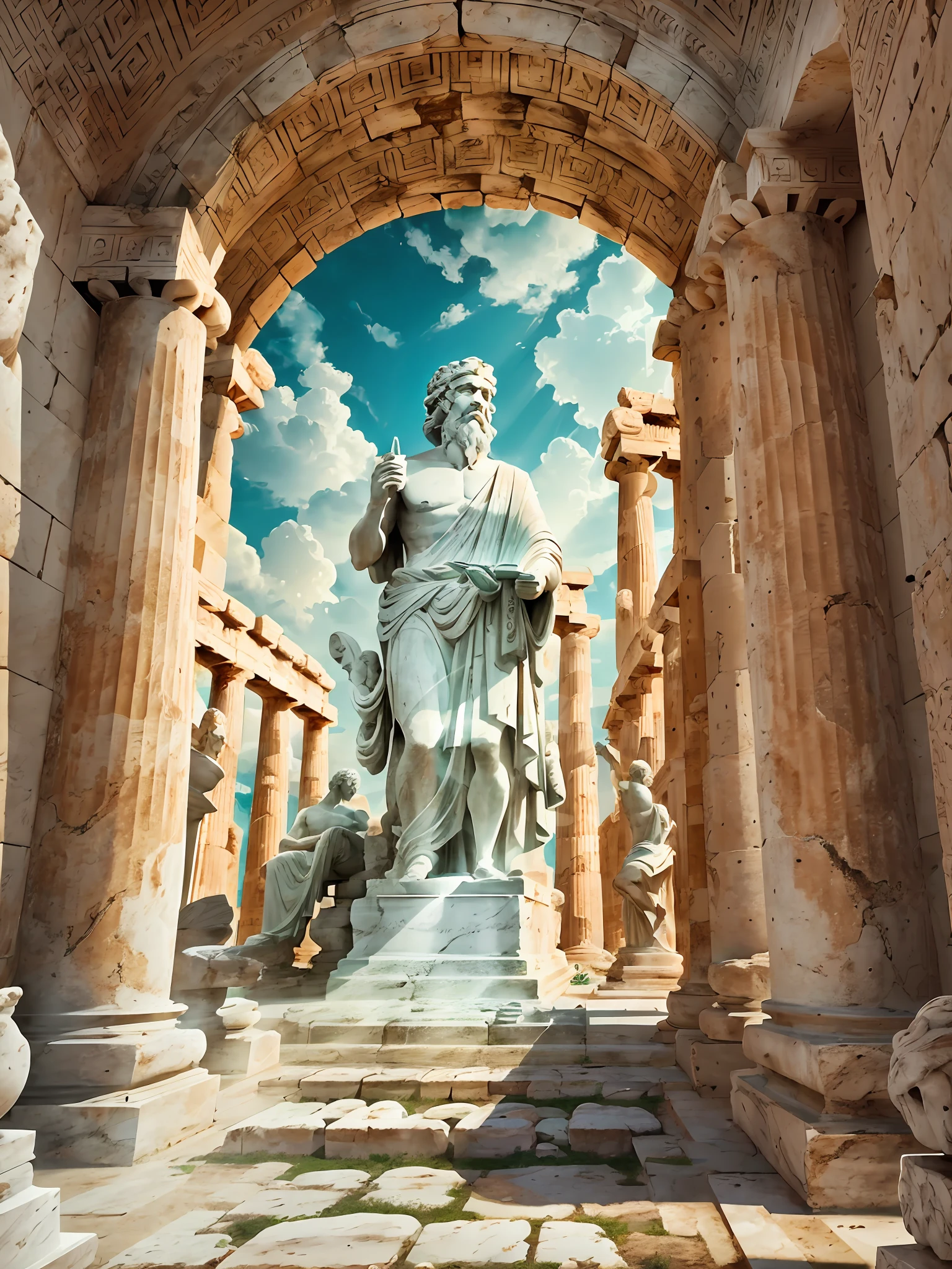 Imagine a background inspired by Ancient Greece, with classical columns and ancient ruins. In the center of the image, there is a statue of a renowned philosopher, such as Socrates or Plato. The statue is majestic and imposing, representing the enduring influence of philosophy throughout history. The surrounding environment is filled with Greek elements such as olive trees and sculptures, creating a timeless atmosphere that evokes the importance and reverence for the pursuit of knowledge --auto --s2