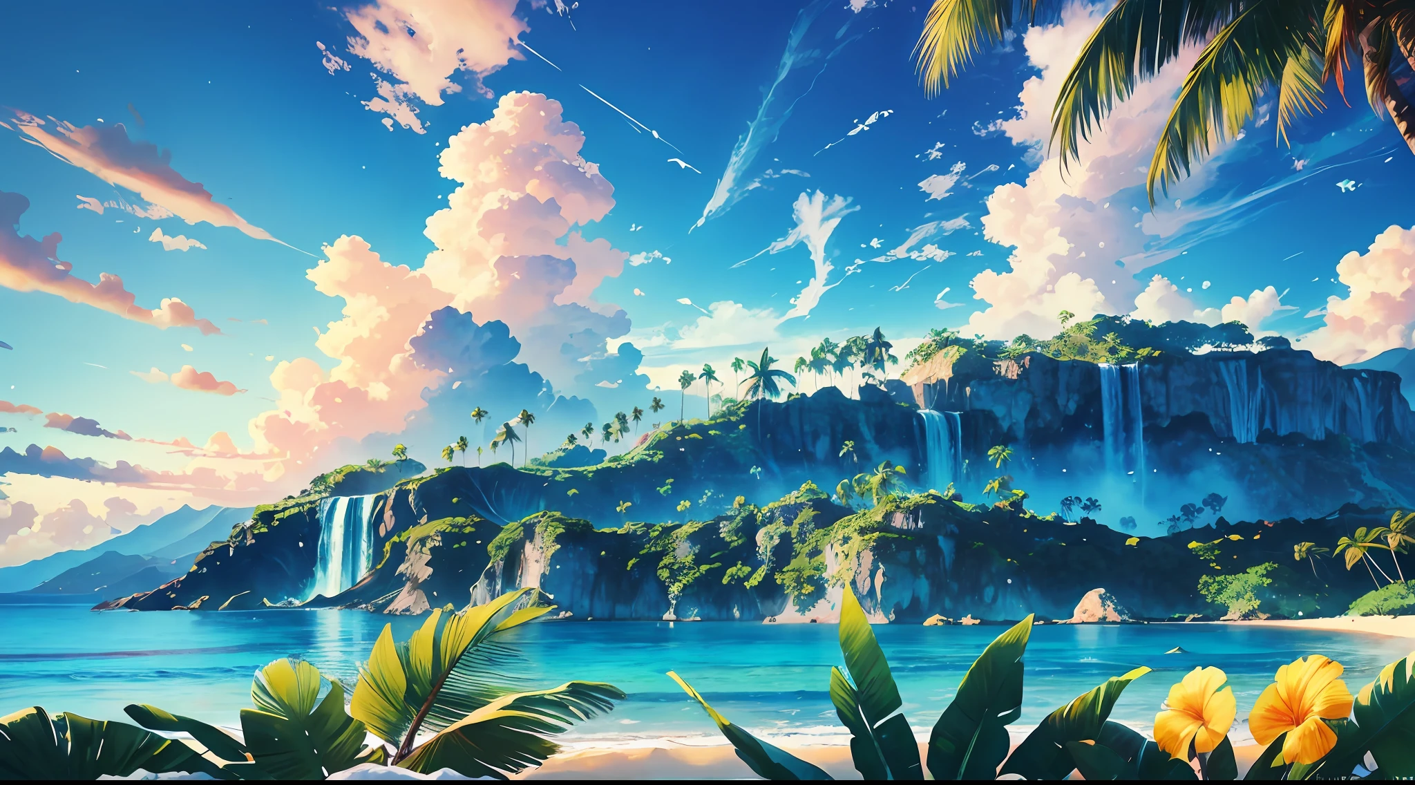 Summer, clear beach, tropical paradise, waterfalls, vibrant flora, islands, big clouds, palm trees, blue sky, warm weather, HD detail, hyper-detail, cinematic, surrealism, soft light, bokeh deep field focus, distant snowy mountains, ray tracing and surrealism. --v6