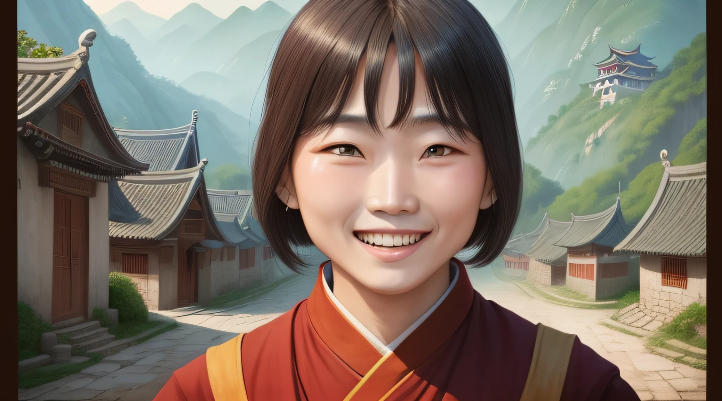 In a village in old china ((three monks)) with brown eyes ((laugh a lot)), portrait
