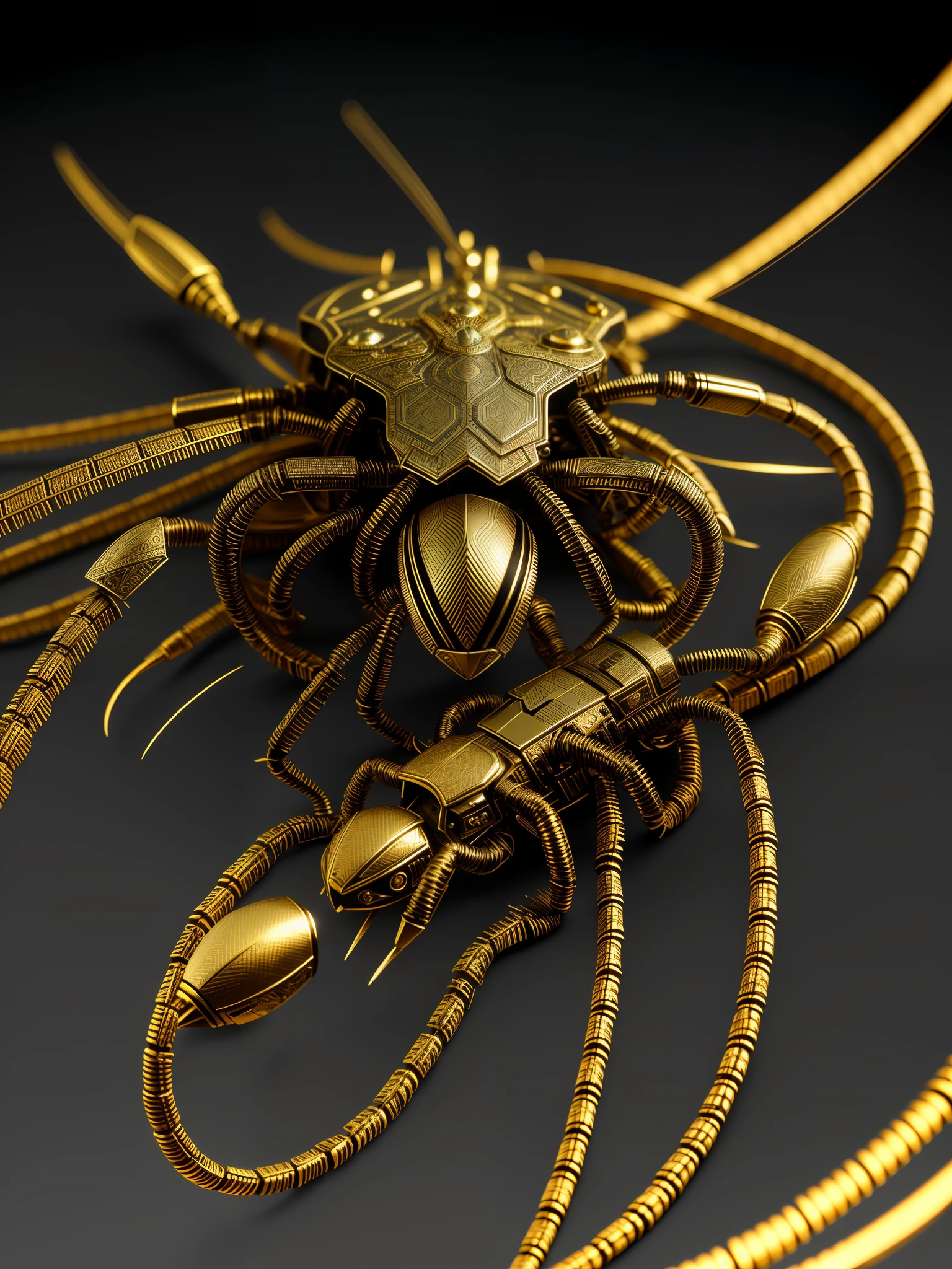A scorpion made of metal, (cyborg:1.1), ([tail | detailed wire]:1.3), (intricate details), HDR, (intricate details, hyperdetailed:1.2), cinematic plane, vignette, centered