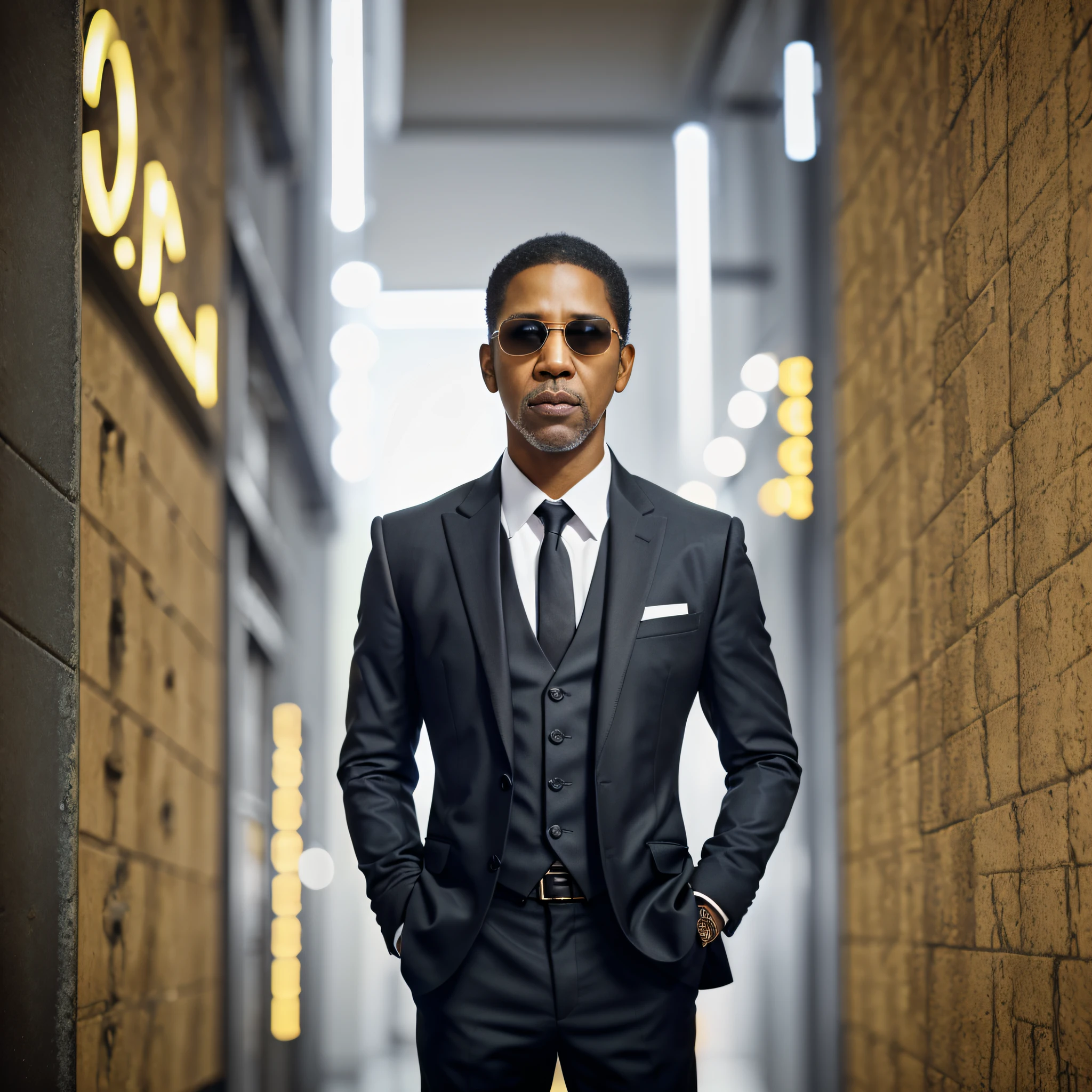 Denzel washington standing with his mouth sewn up, showing the entire body of designer suit,jewelry and tie dark photo: realistic epic, distant portrait,black sunglasses, blue eyes, black hair, yellow gradient, black, brown and magenta color scheme, grunge aesthetic!!! War wall background, art and artgerm, soft cinematic light, adobe lightroom, photo lab, blurred background --auto --s2