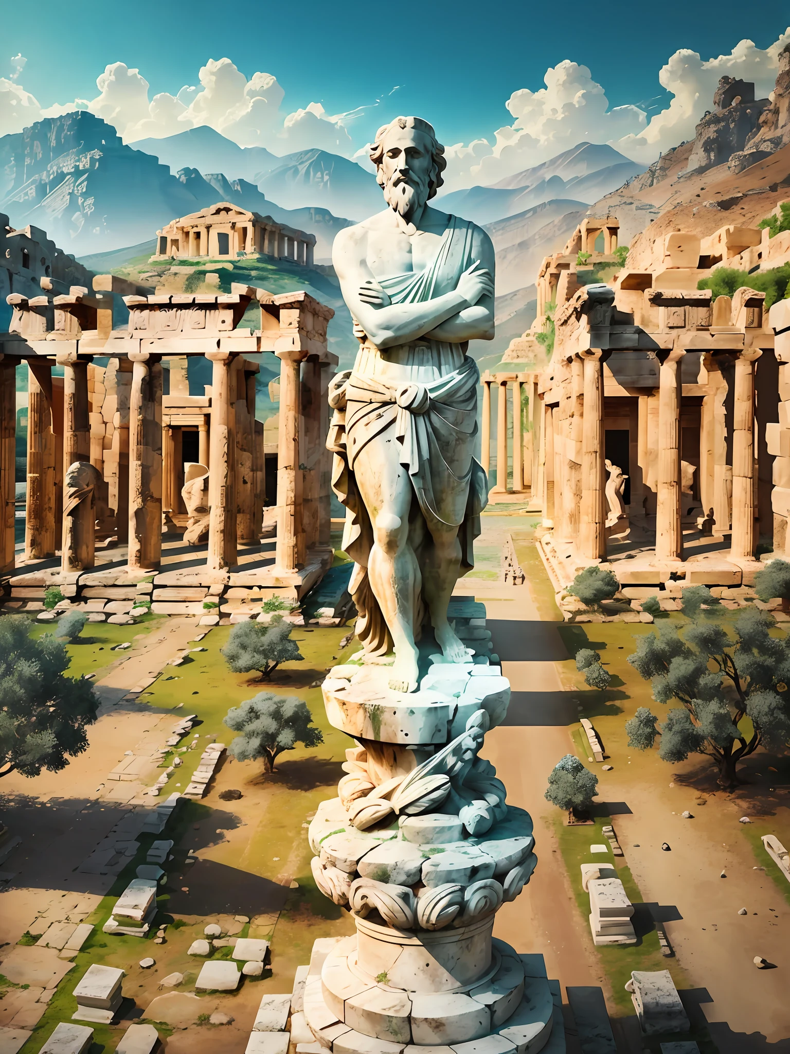 Imagine a background inspired by Ancient Greece, with classical columns and ancient ruins. In the center of the image, there is a statue of a renowned philosopher, such as Socrates or Plato. The statue is majestic and imposing, representing the enduring influence of philosophy throughout history. The surrounding environment is filled with Greek elements such as olive trees and sculptures, creating a timeless atmosphere that evokes the importance and reverence for the pursuit of knowledge --auto --s2