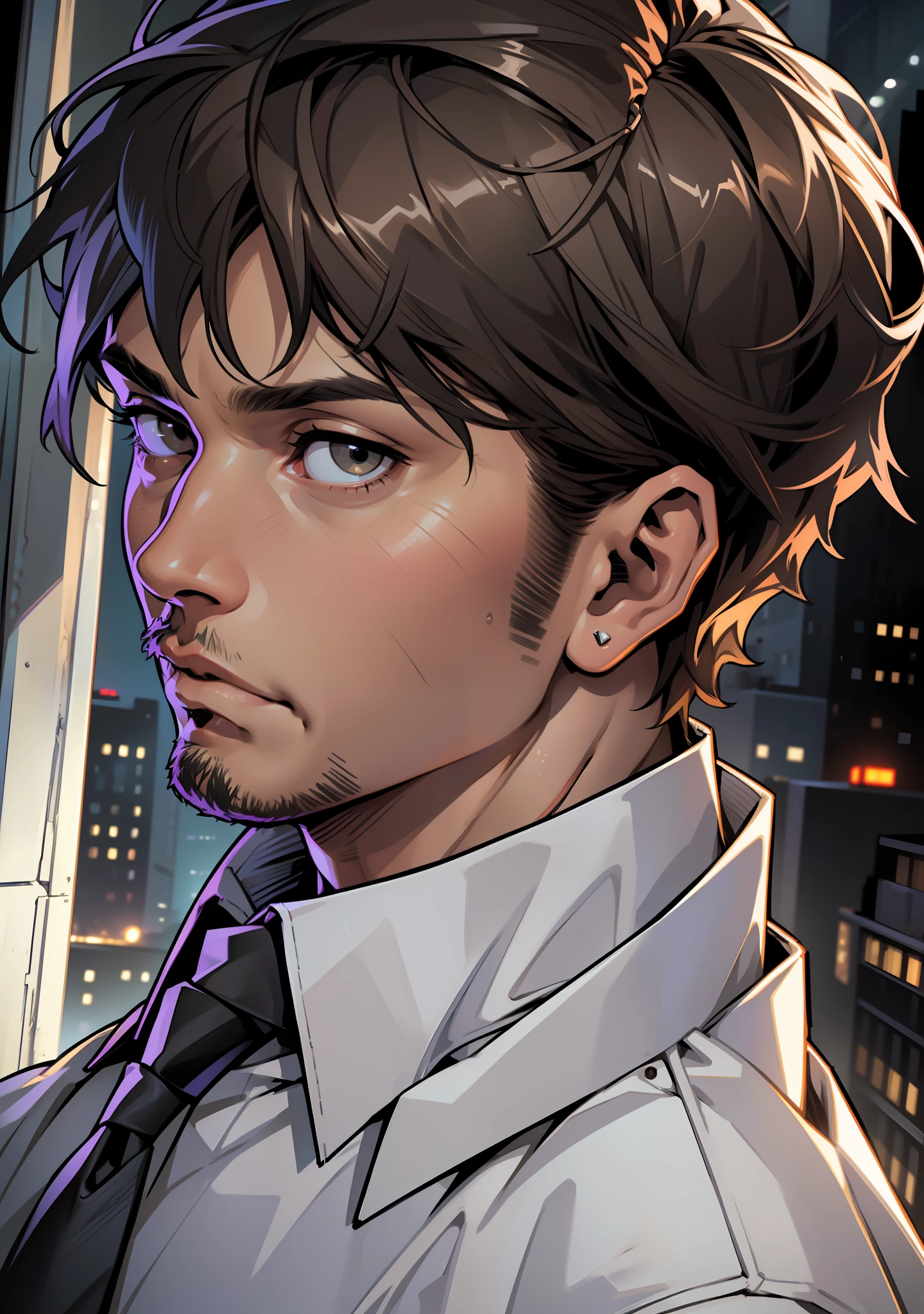 Best quality, masterpiece, ultra high resolution, detailed background, realistic, comics comics style, solo, male, Young man, almost bald, short brown hair, short facial hair, horror \(theme\), dark costume, white dress shirt, tie, executive outfit, tie, contemporary, depth of field --auto --s2