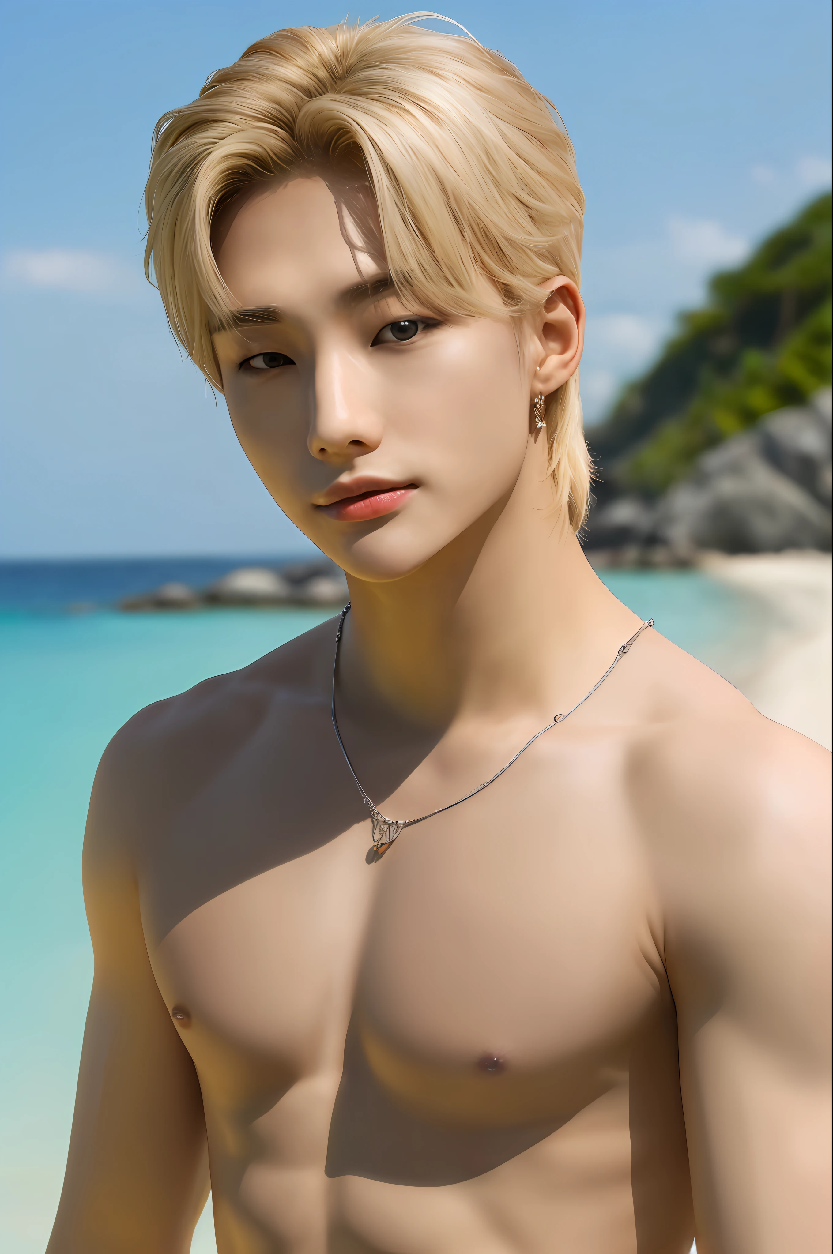 Hyunstayv2, frontal, shimmering, split lips, (blonde hair:1.2), (ultra realistic:1.2), (shoulders and chest: 1.2), (close-up photo:1.1), (intricate:1.2), (beach background:1.2), (looking at the viewer:1.2).
