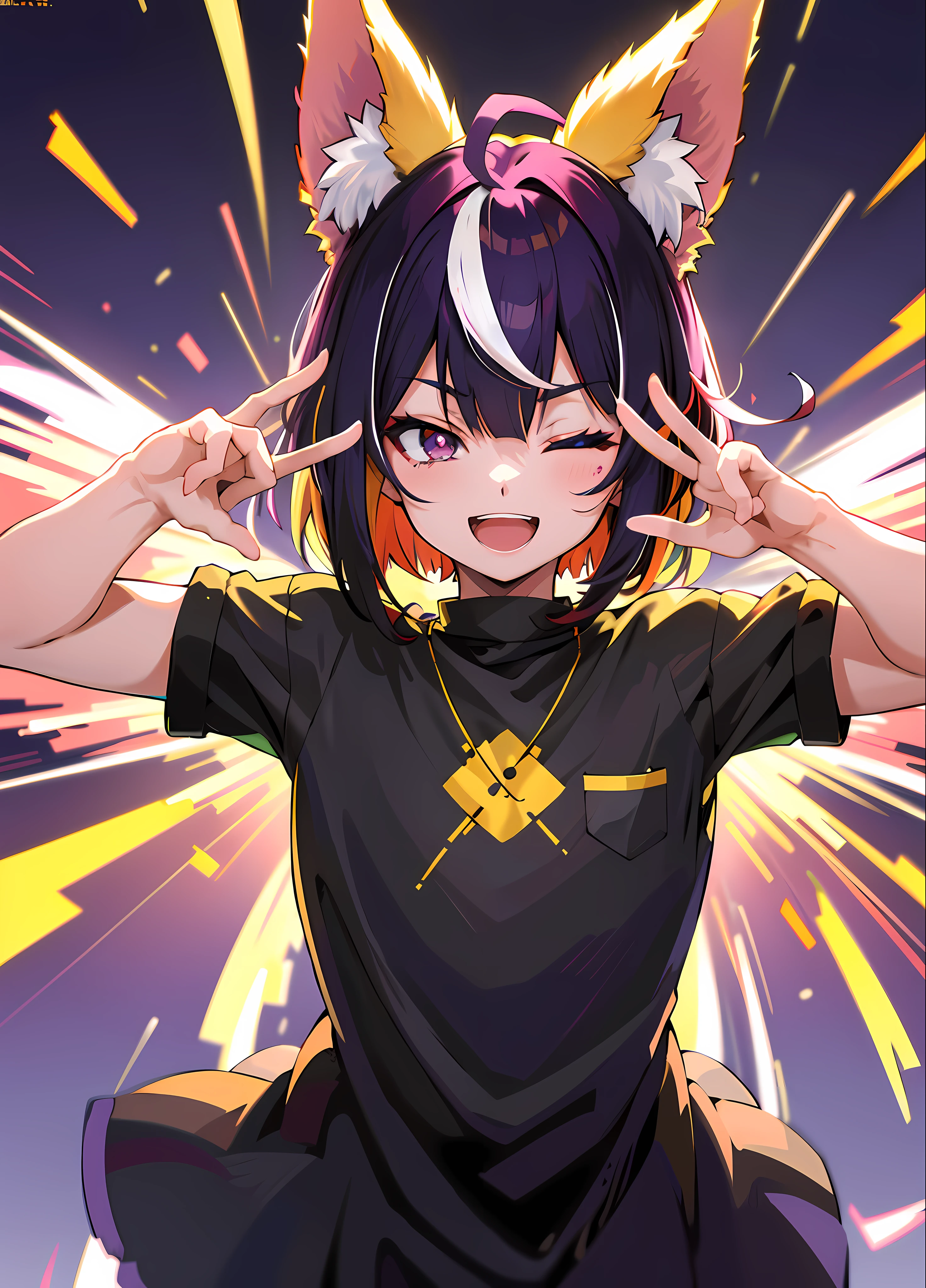 multicolored hair, ahoge, bob cut, one eye closed, tsurime, purple eyes, fox ears, open mouth, smile, Conceptual art, glowing light, tachi-e, pov, UHD, masterpiece, textured skin, super detail, best quality, 8k