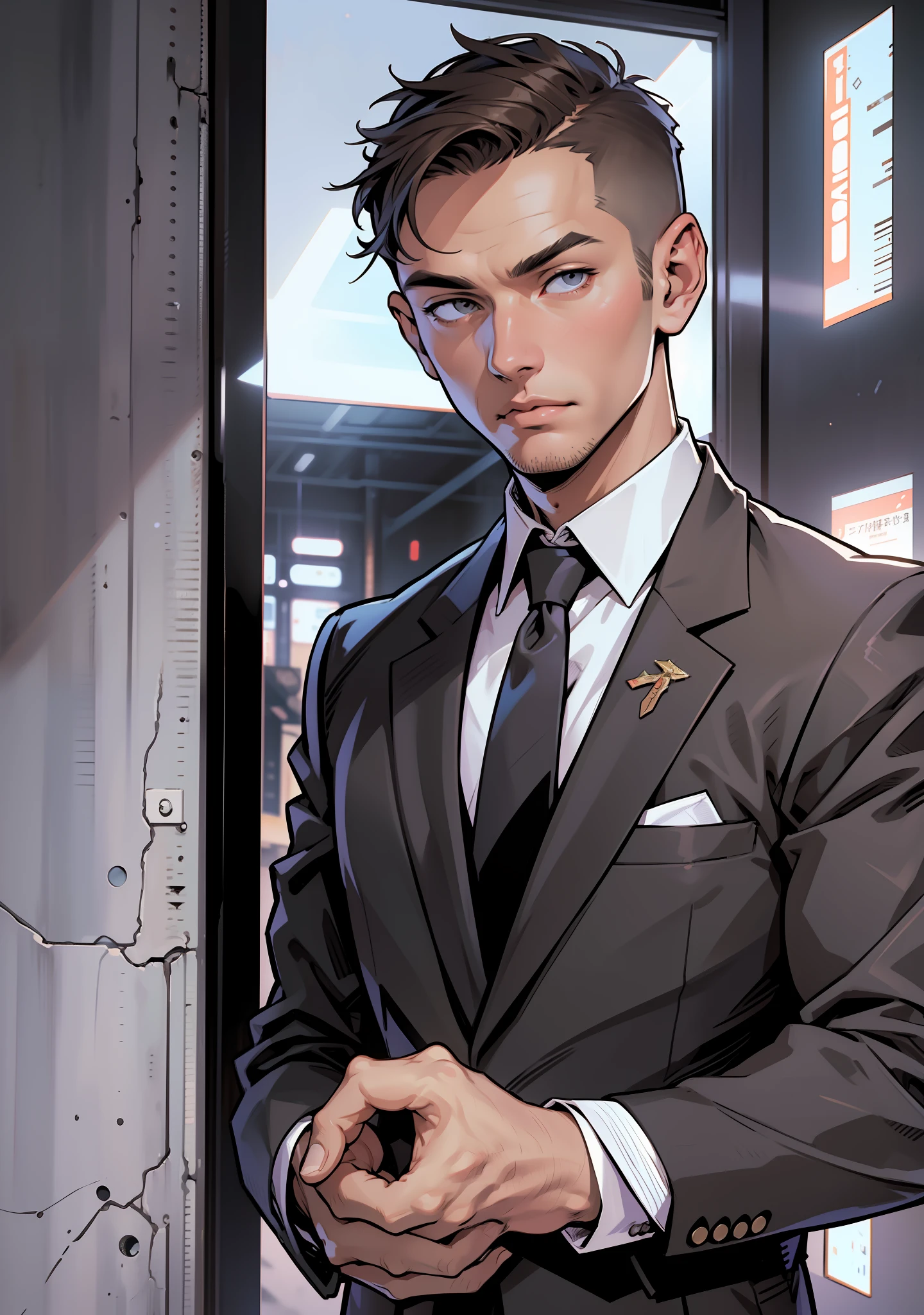 Best quality, masterpiece, ultra high resolution, detailed background, realistic, comics comics style, solo, male, Young man, almost bald, short brown hair, short facial hair, horror \(theme\), dark costume, white dress shirt, tie, executive outfit, tie, contemporary, depth of field --auto --s2