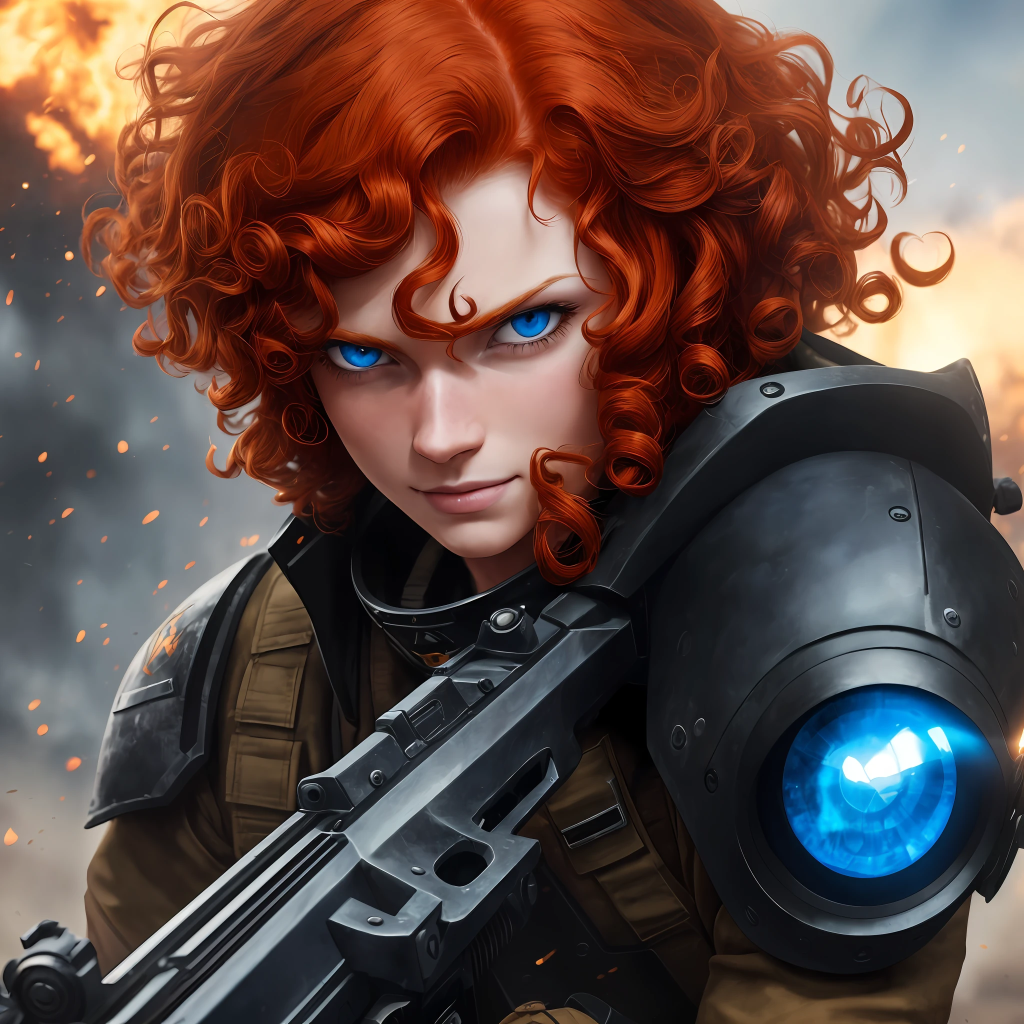 (16k, masterpiece, best quality, realistic) (Redhead, curly hair, blue eye, sweet nose, sweet smile) (Black pistol in hand, shooting) (Warzone, war)