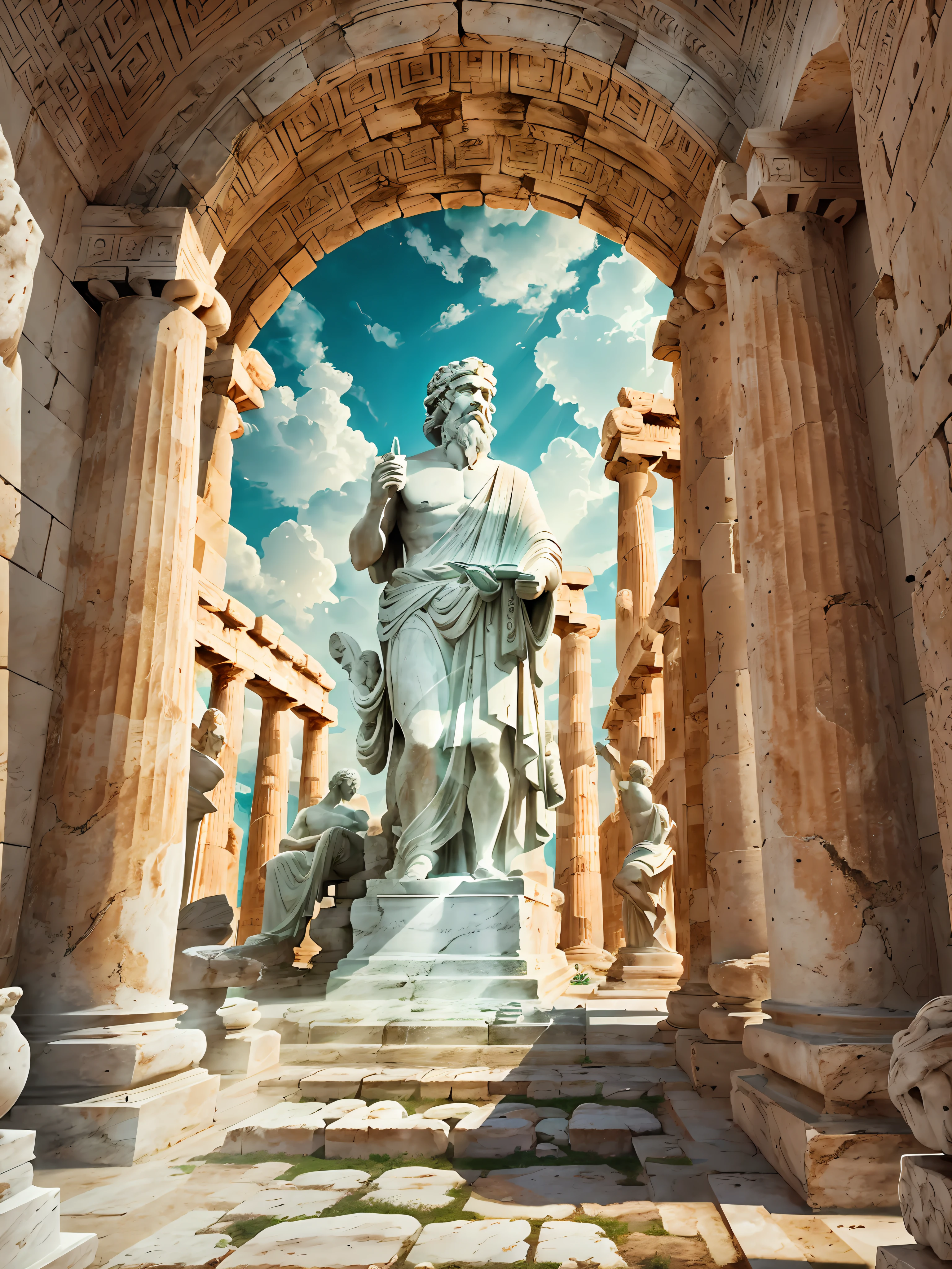 Imagine a background inspired by Ancient Greece, with classical columns and ancient ruins. In the center of the image, there is a statue of a renowned philosopher, such as Socrates or Plato. The statue is majestic and imposing, representing the enduring influence of philosophy throughout history. The surrounding environment is filled with Greek elements such as olive trees and sculptures, creating a timeless atmosphere that evokes the importance and reverence for the pursuit of knowledge --auto --s2
