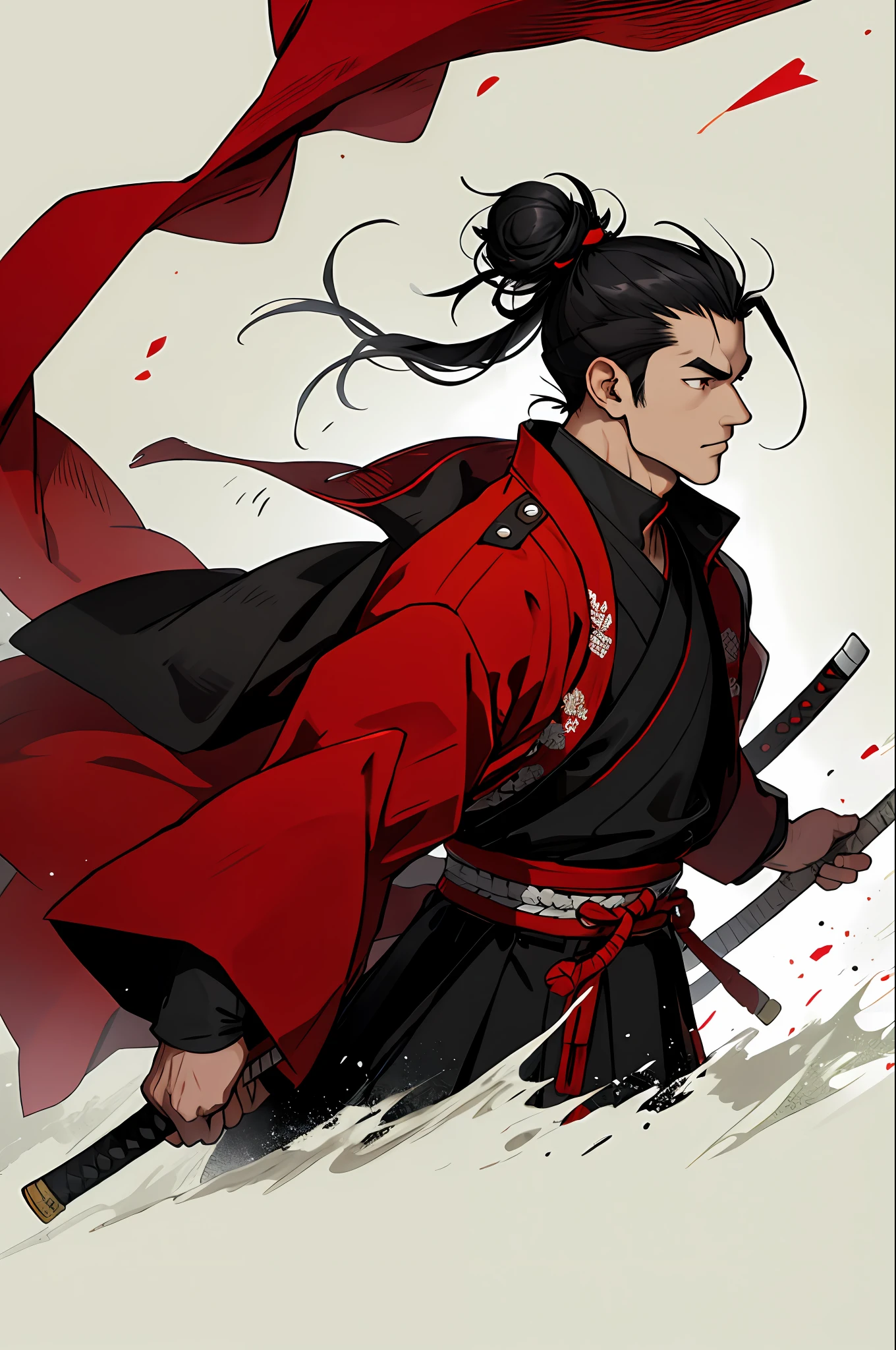 A young man with black hair, samurai-style bun, and red coat