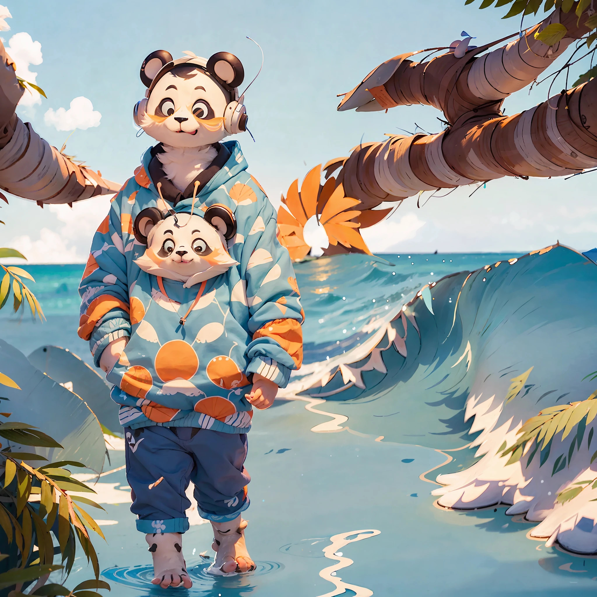 A cute well-detailed panda, wearing a comfortable blue sweatshirt and headphones, walking along the beach of the paradisiacal tropical island, enjoying a stunning orange sunset as he strolls along the wooden boardwalk beside the gentle waves. Flakes of fluffy white clouds float lazily across the clear sky above the coastal landscape as a flock of seagulls murmurs in unison in the background.