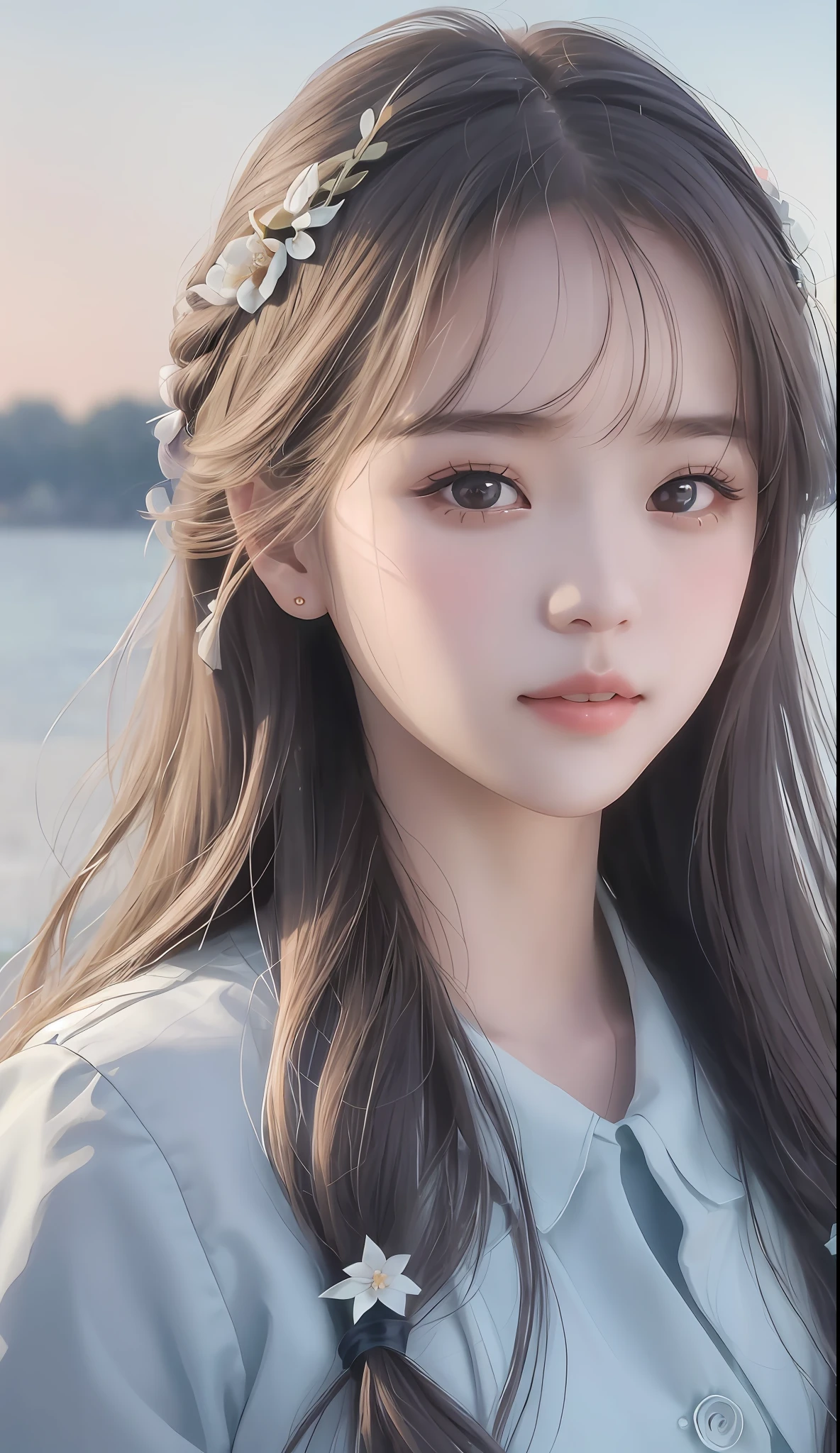 a close up of a young girl with long hair wearing a flower headband, cute natural anime face, lovely delicate face, young adorable korean face, girl cute-fine-face, wan adorable korean face, beautiful aesthetic face, with cute - fine - face, beautiful delicate face, very beautiful girl, lalisa manobal, with cute doting eyes