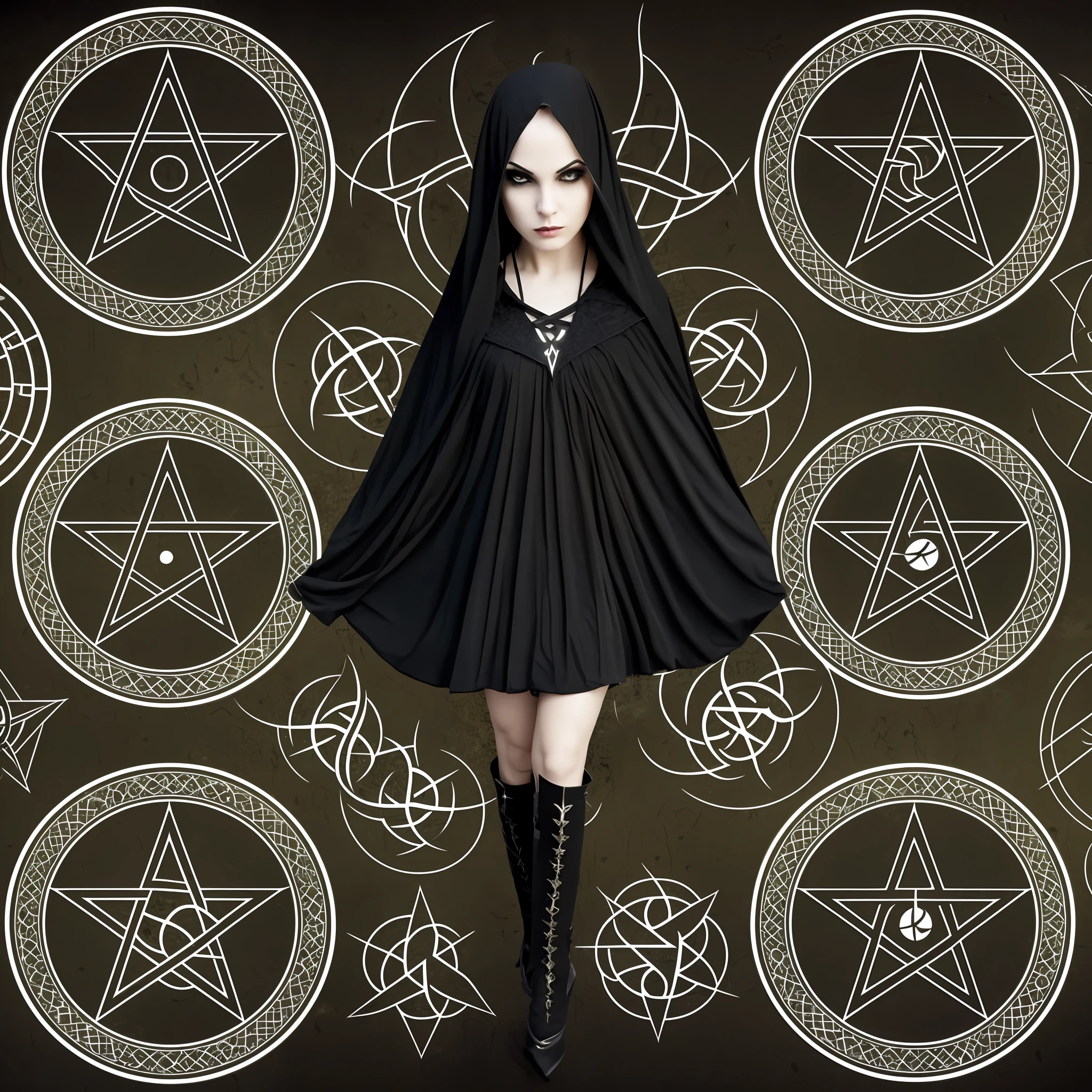 Five women black gothic clothing, pentagram, chemical symbol of sulfur.