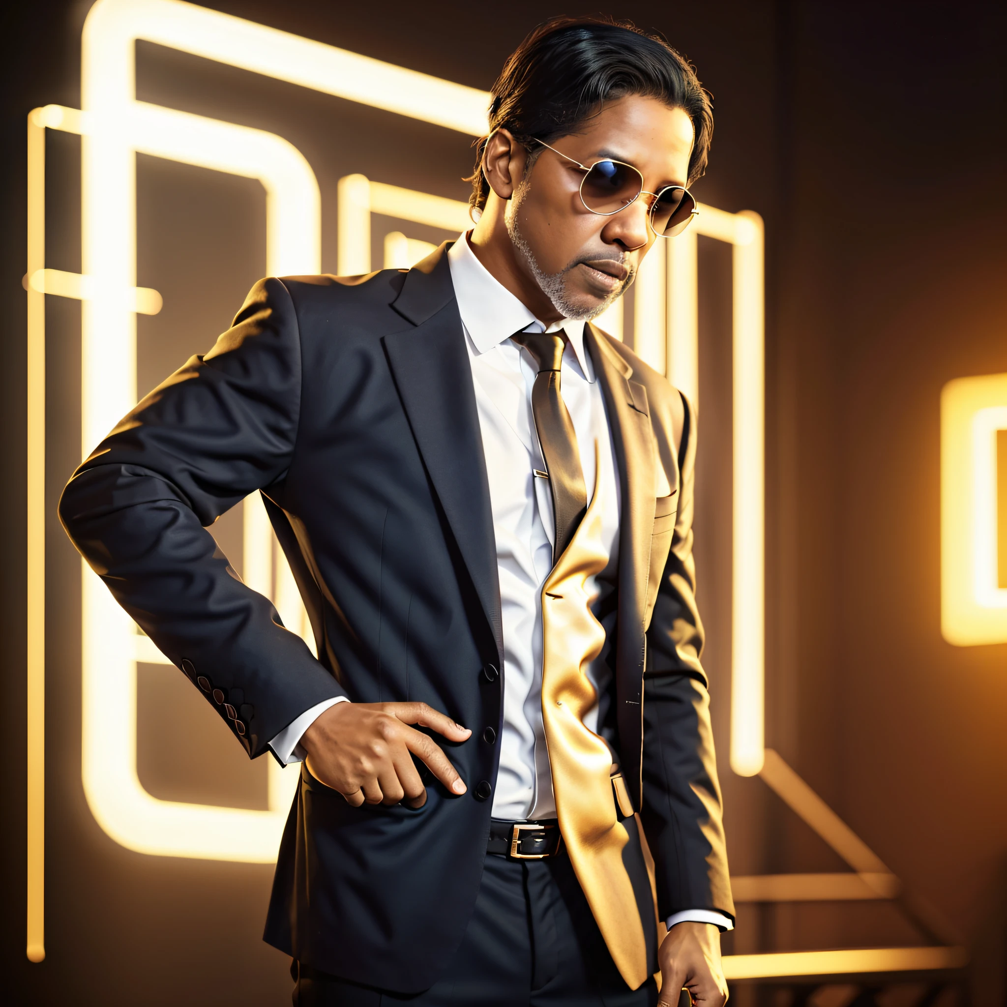 Denzel washington standing with his mouth sewn up, showing the entire body of designer suit,jewelry and tie dark photo: realistic epic, distant portrait,black sunglasses, blue eyes, black hair, yellow gradient, black, brown and magenta color scheme, grunge aesthetic!!! War wall background, art and artgerm, soft cinematic light, adobe lightroom, photo lab, blurred background --auto --s2