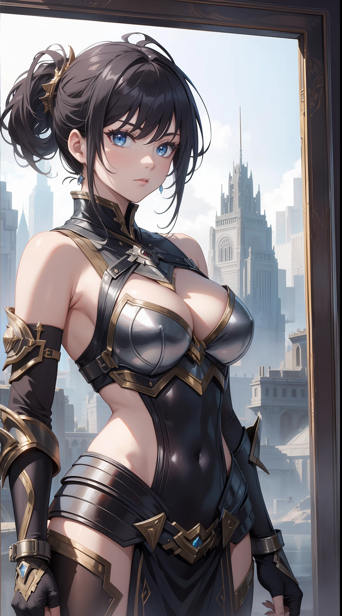 best quality, masterpiece, 1 woman in metallic sleeveless battle armor, heroic, beautiful, cool, edgy, eastern fantasy, reflections