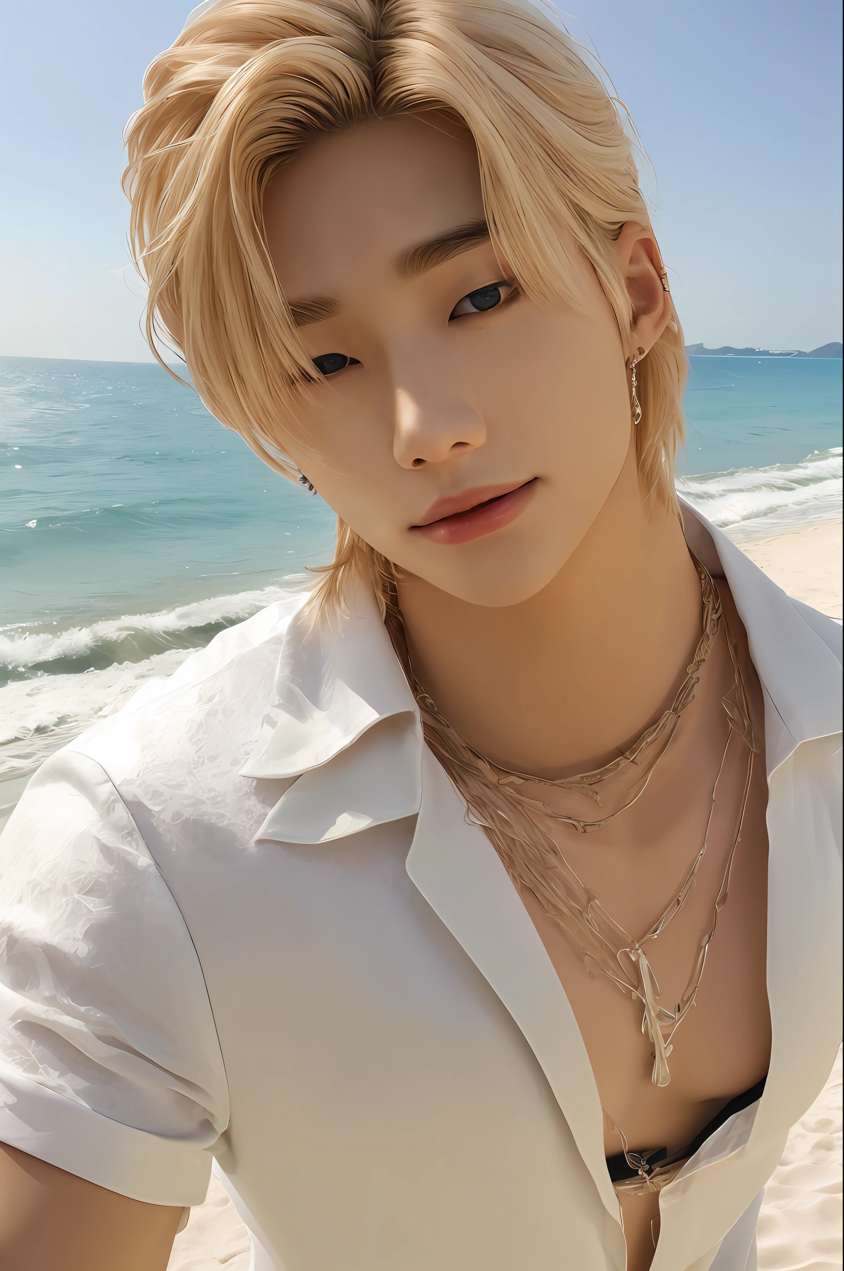 Hyunstayv2, frontal, shimmering, split lips, (blonde hair:1.2), (ultra realistic:1.2), (shoulders and chest: 1.2), (close-up photo:1.1), (intricate:1.2), (beach background:1.2), (looking at the viewer:1.2).