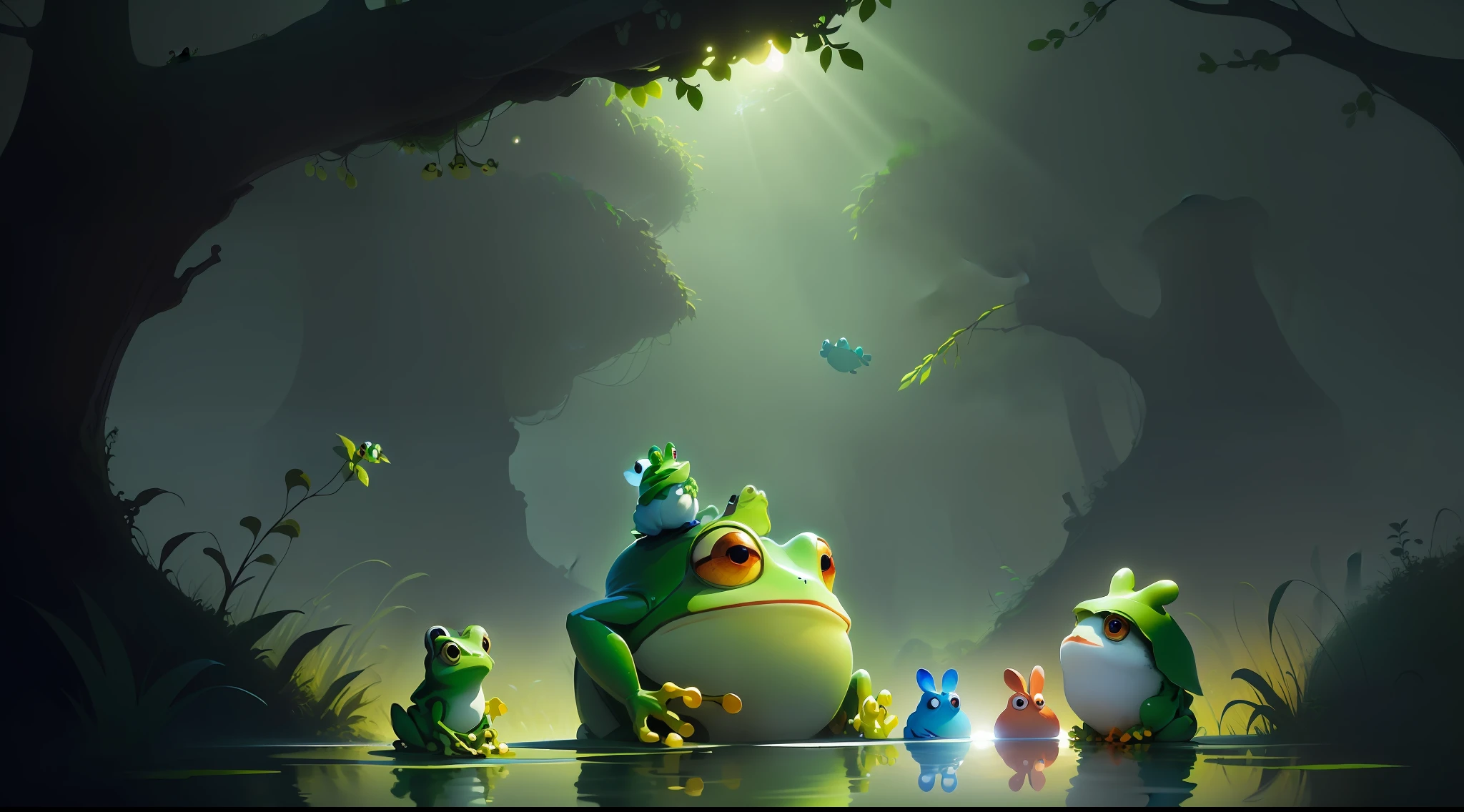 a frog with big and curious eyes meet his rabbit and owl friends in a pond, official illustration, froggy, by Goro Fujita, cute frog, thematic frog, background art, adorable digital painting, animated film, official art, alexey egorov, mobile game art, children's book illustration